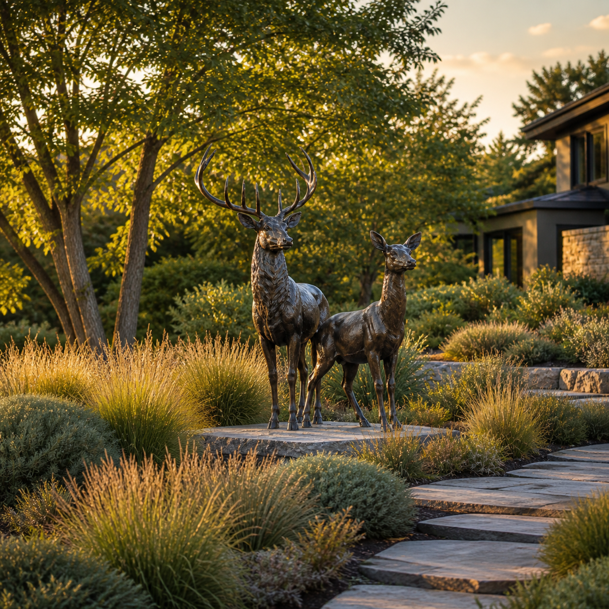 Life-size bronze stag and doe sculptures in a contemporary estate landscape