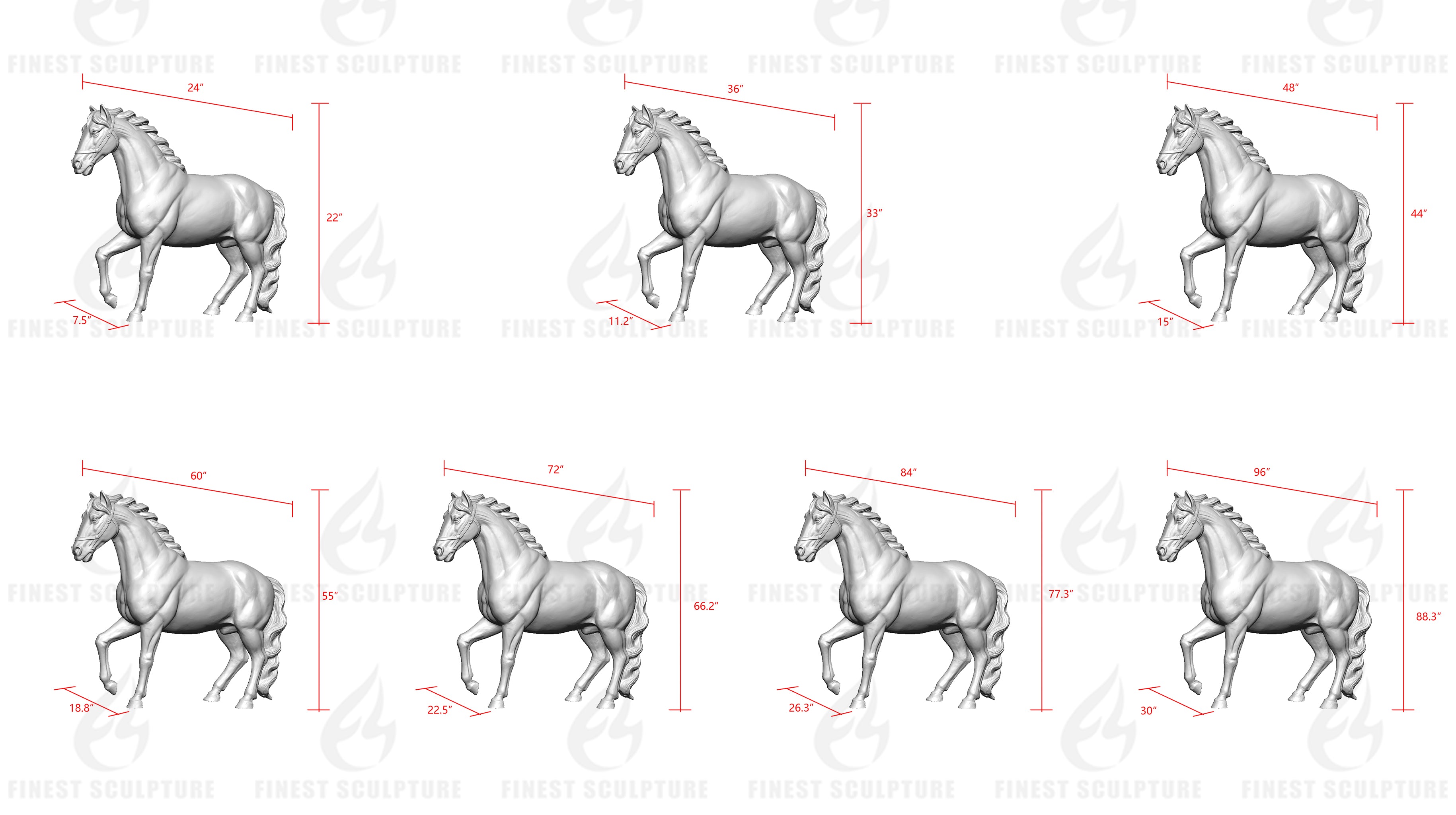Multiple views of a horse sculpture with measurement markings on a white background