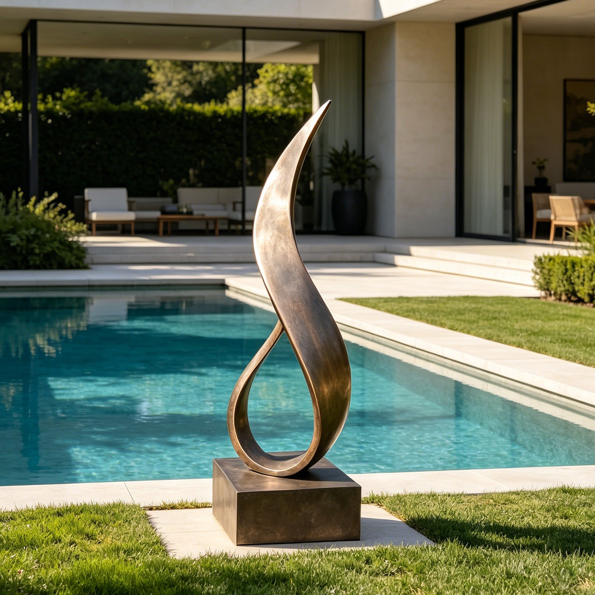 Bronze sculpture by a pool in a modern outdoor setting