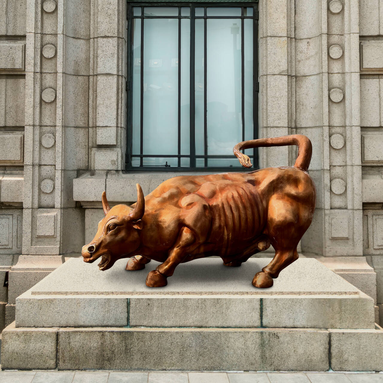 famous bull of wallstreet bronze sculpture pacing on street