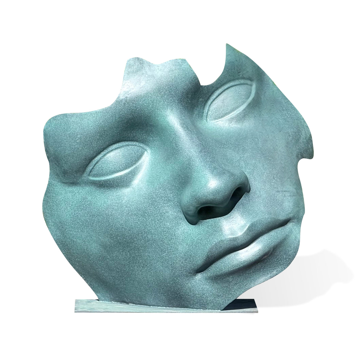 bronze abstract face sculpture in garden