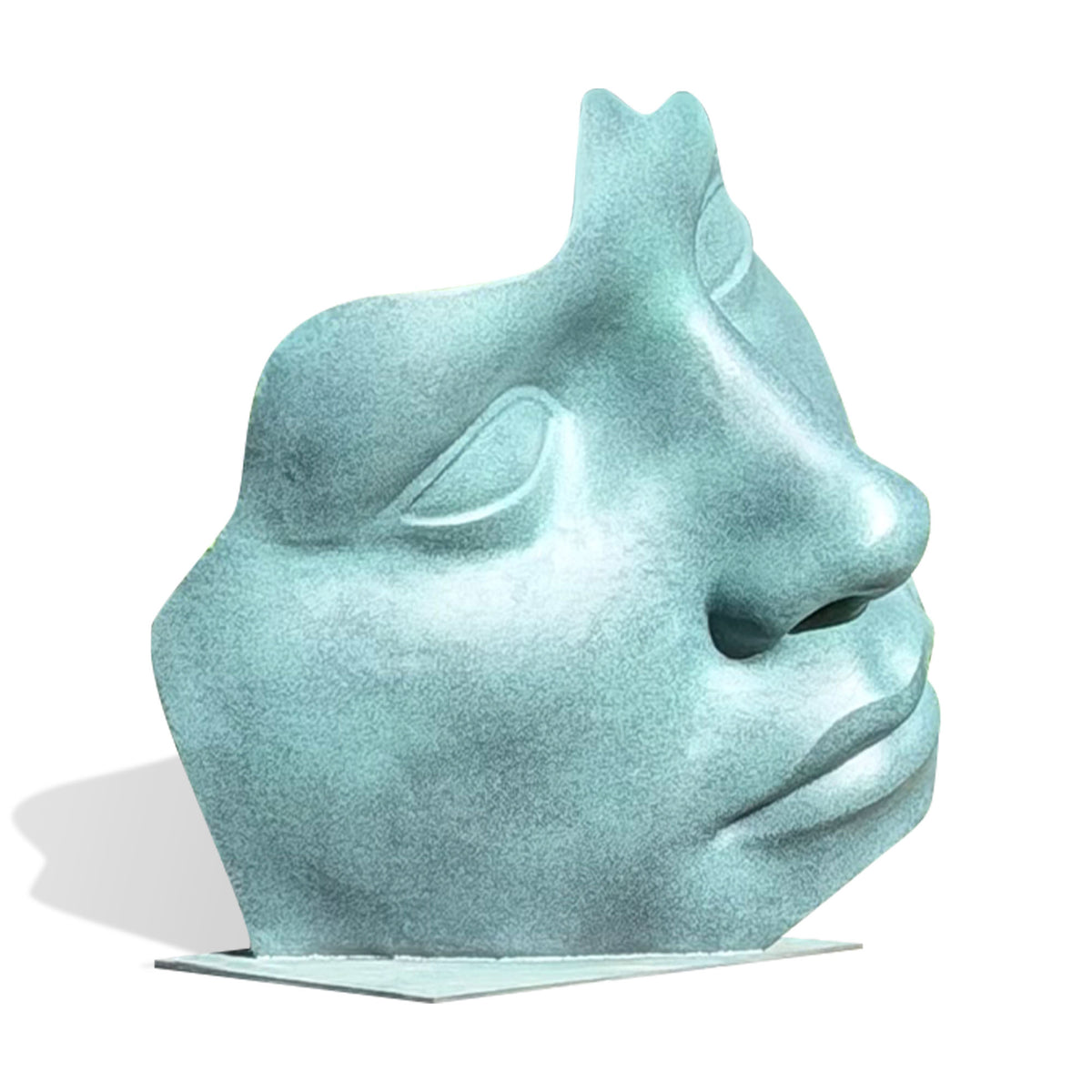 Bronze abstract human face sculpture with green patina shown from an angled front view