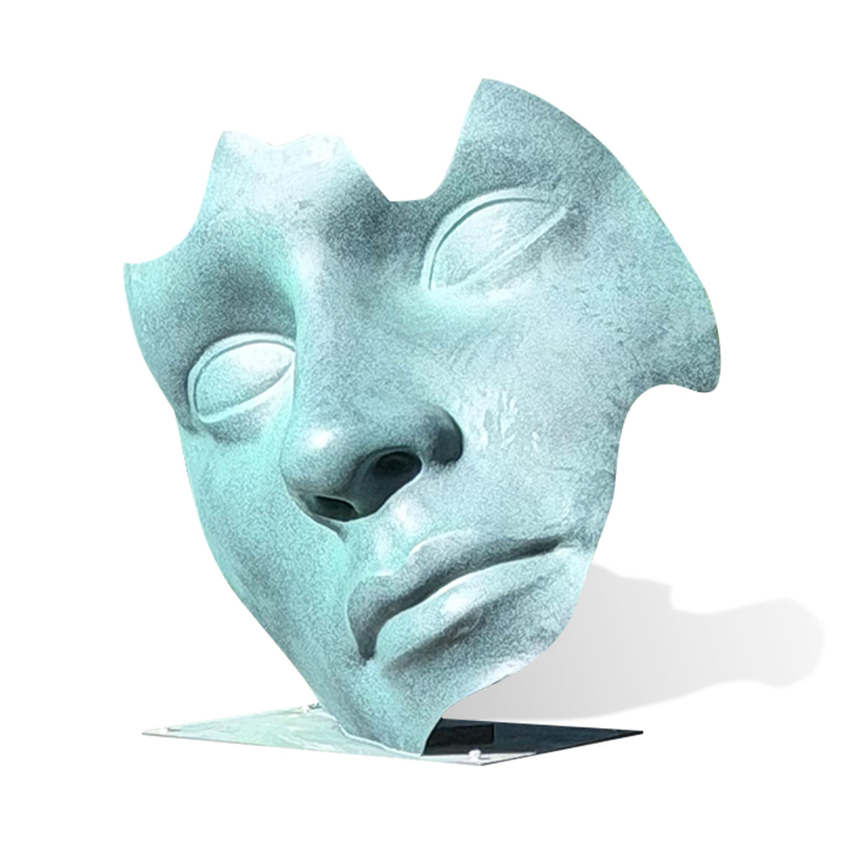 Abstract bronze face sculpture with green patina, side angle view showing the sculptural facial profile