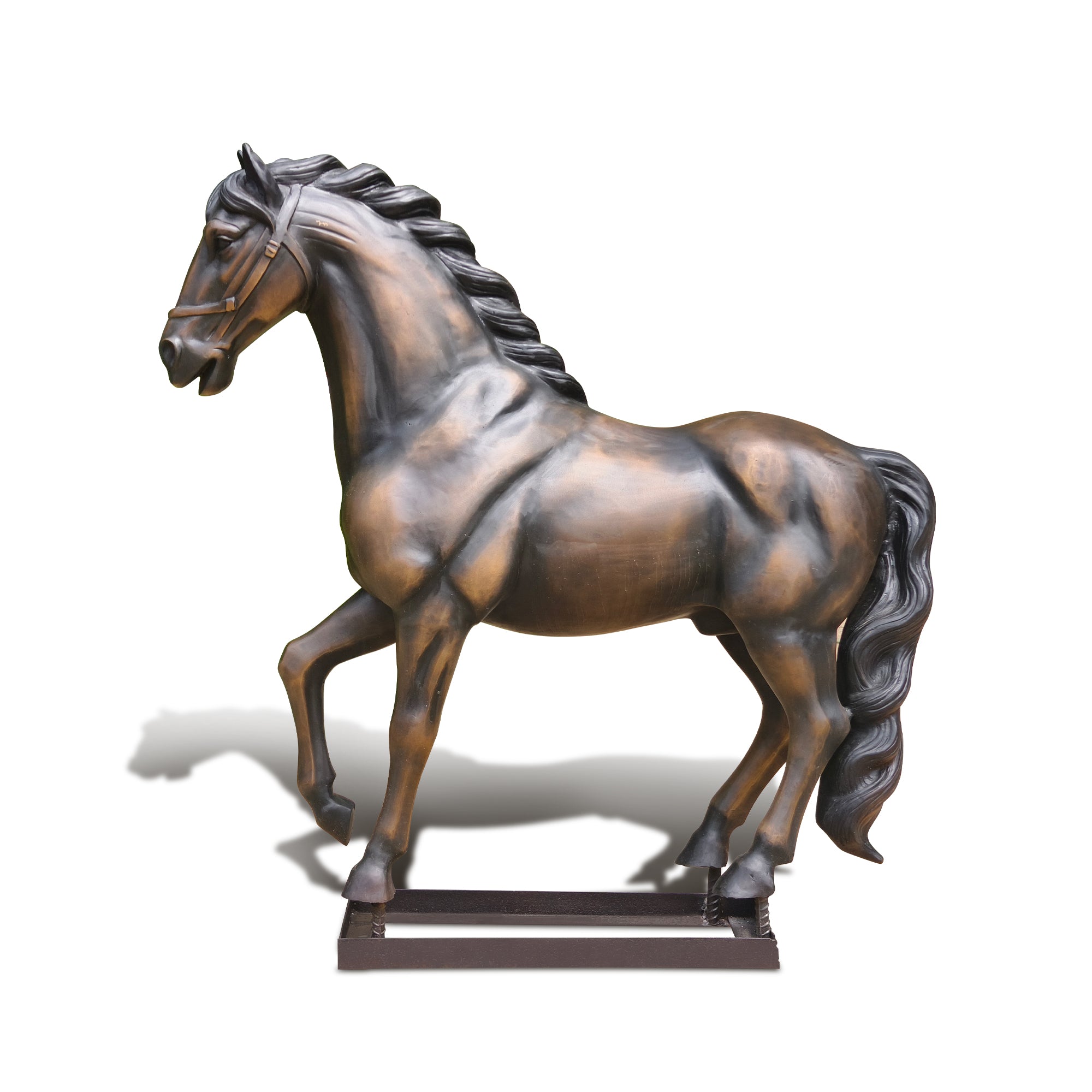 Side effect of bronze horse sculpture highlighting muscular definition and elegant posture in bronze casting