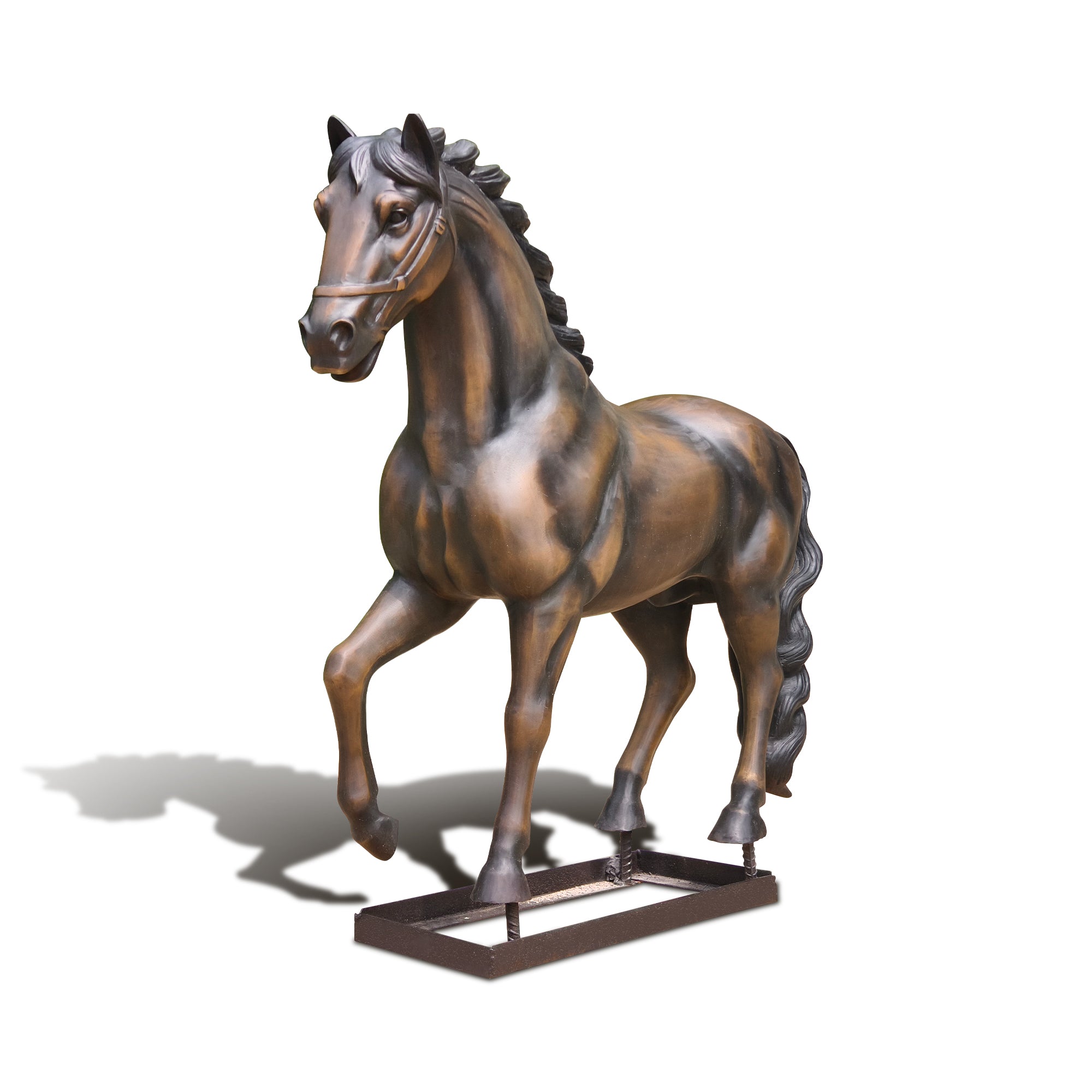 Front view of bronze horse sculpture showing upright stance and classical proportions, positioned for outdoor display