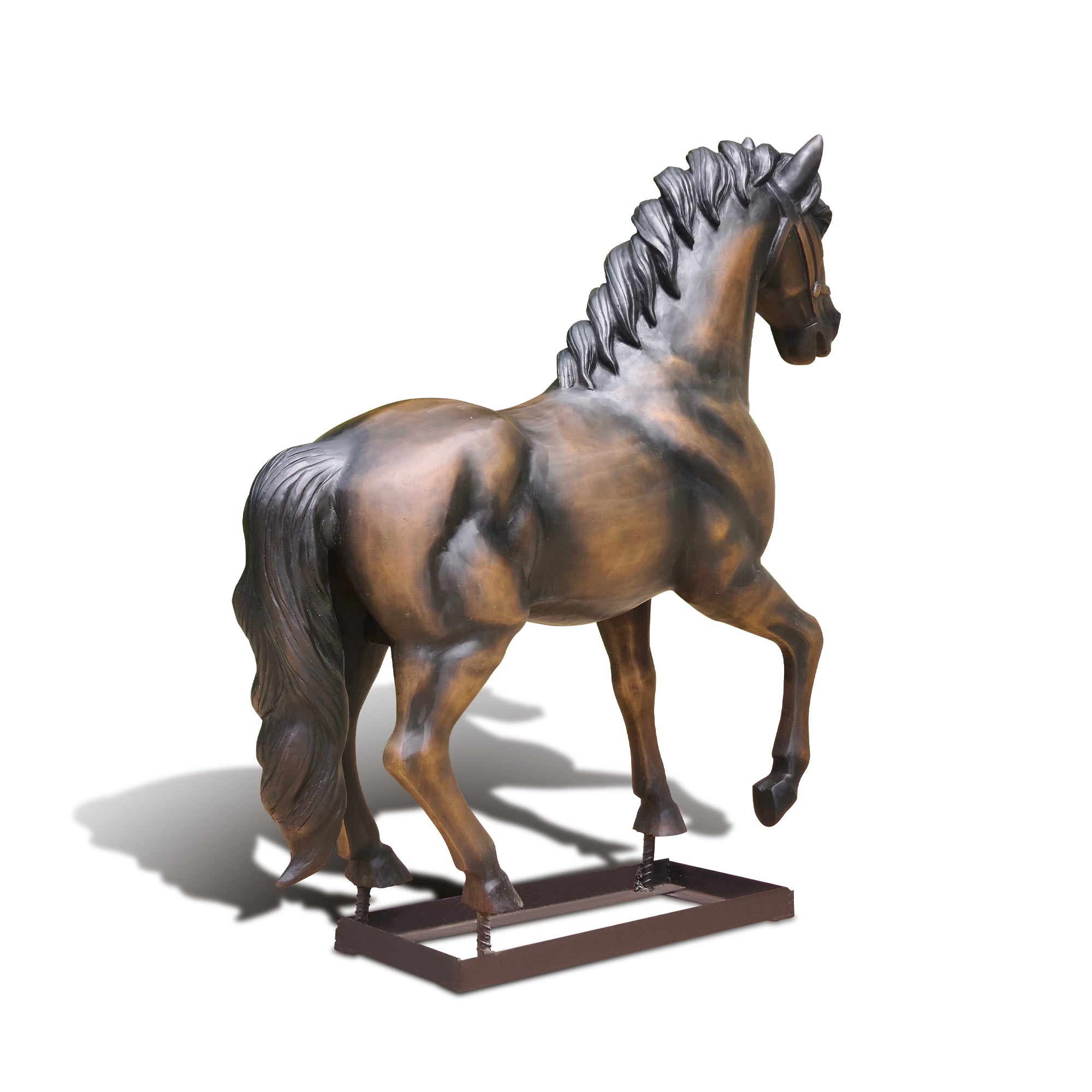 Rear angle of bronze horse sculpture showing flowing tail, strong hind legs, and natural body curvature