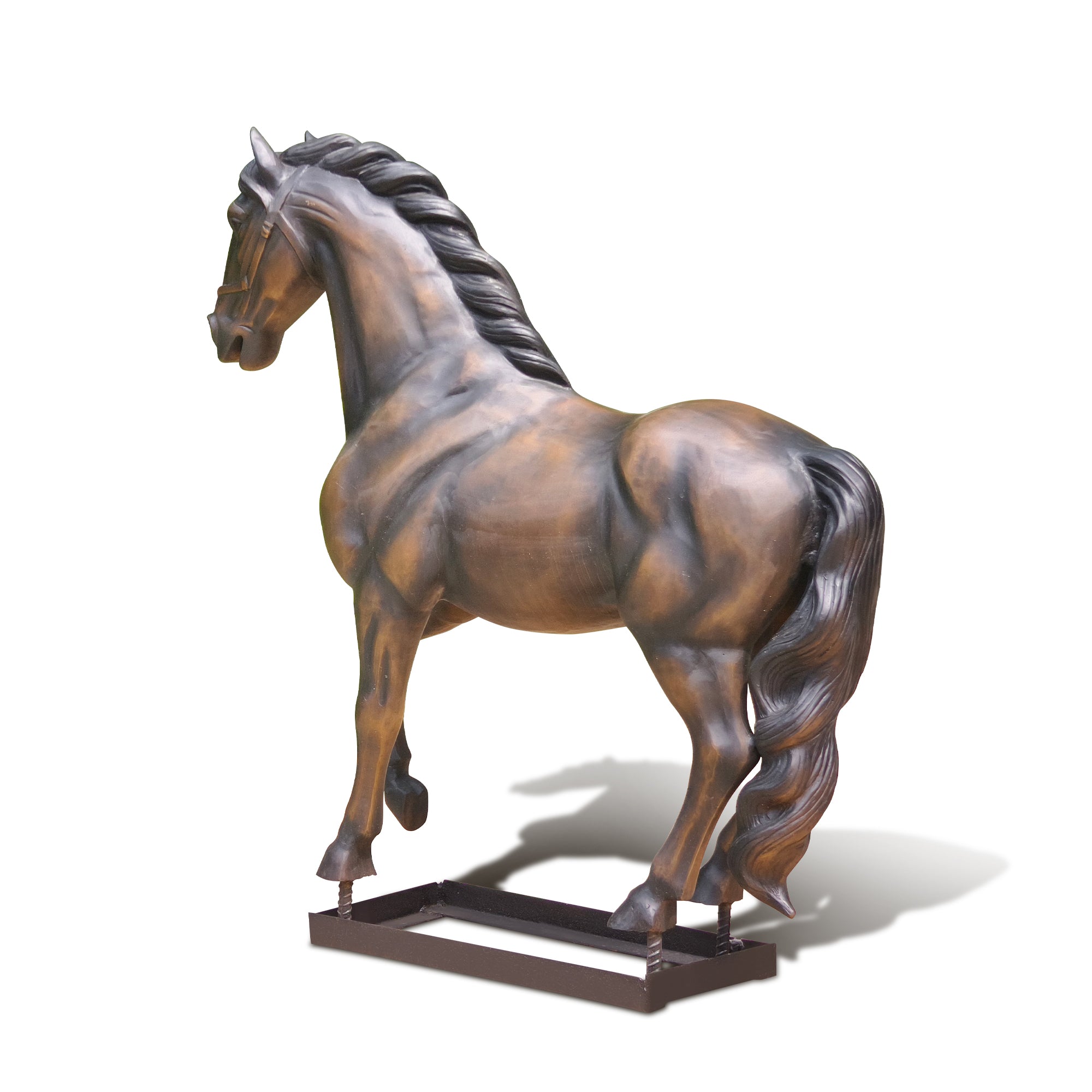 Side profile of bronze horse sculpture