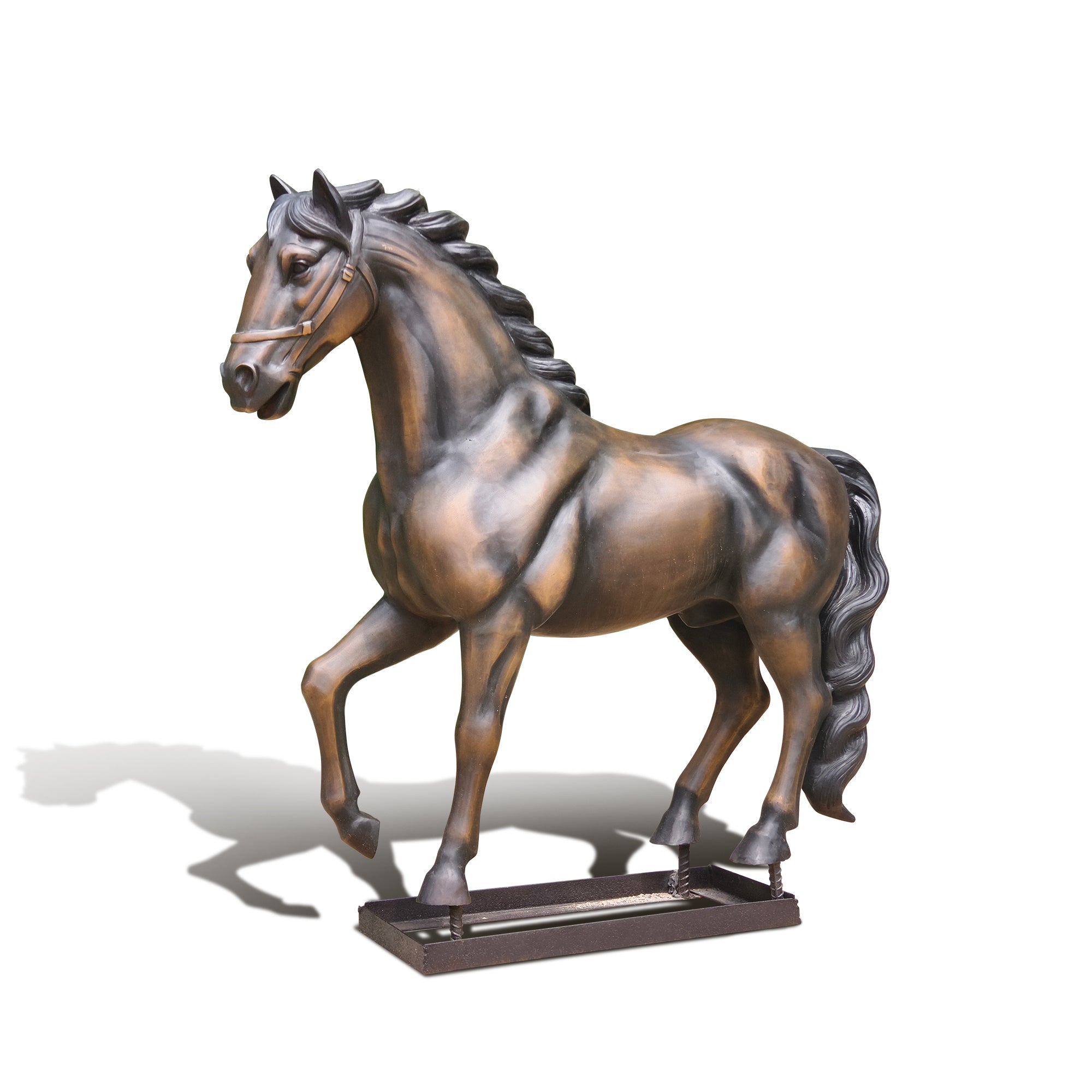 Side profile of bronze horse sculpture highlighting muscular definition and elegant posture in bronze casting