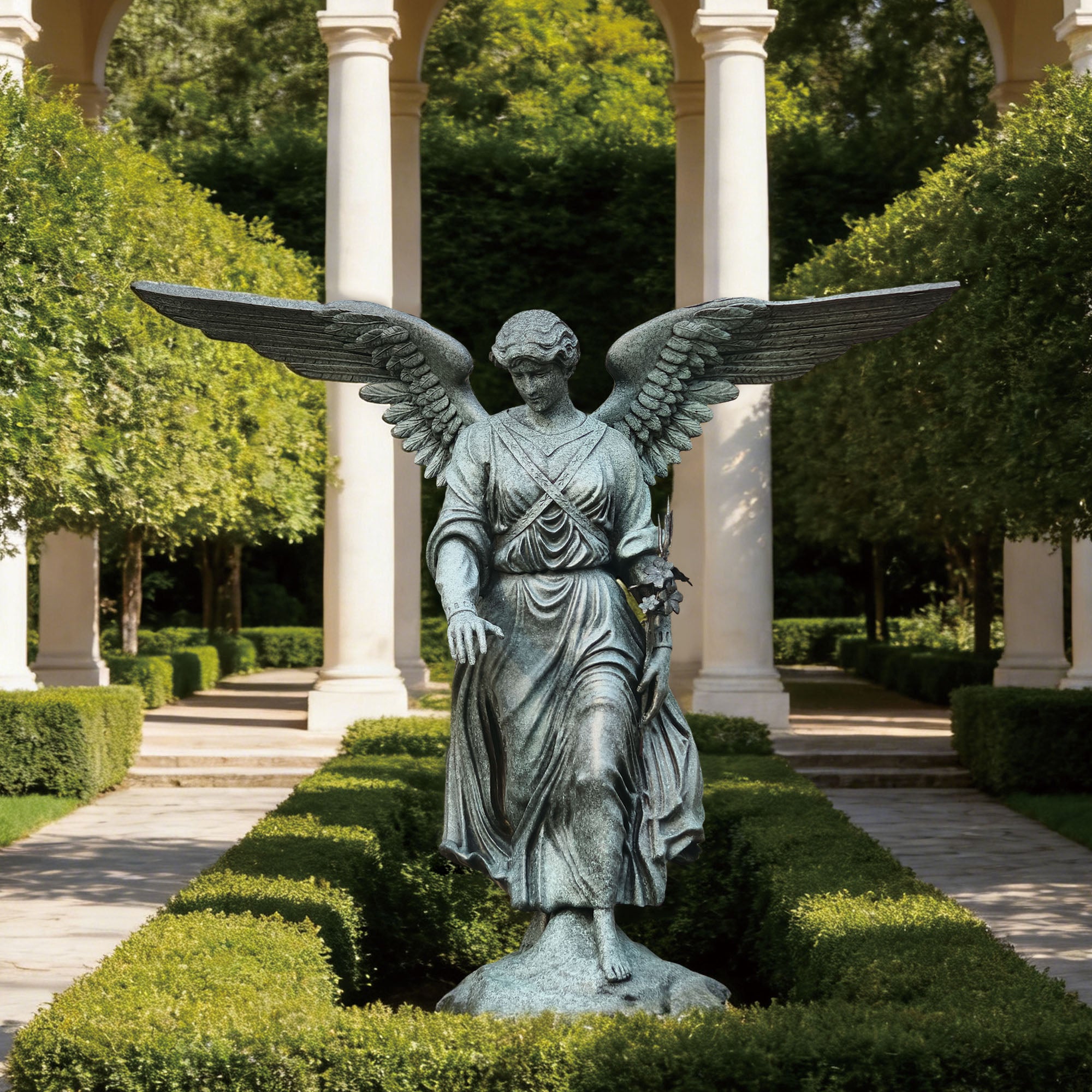 Statue of an angel in a garden setting with columns