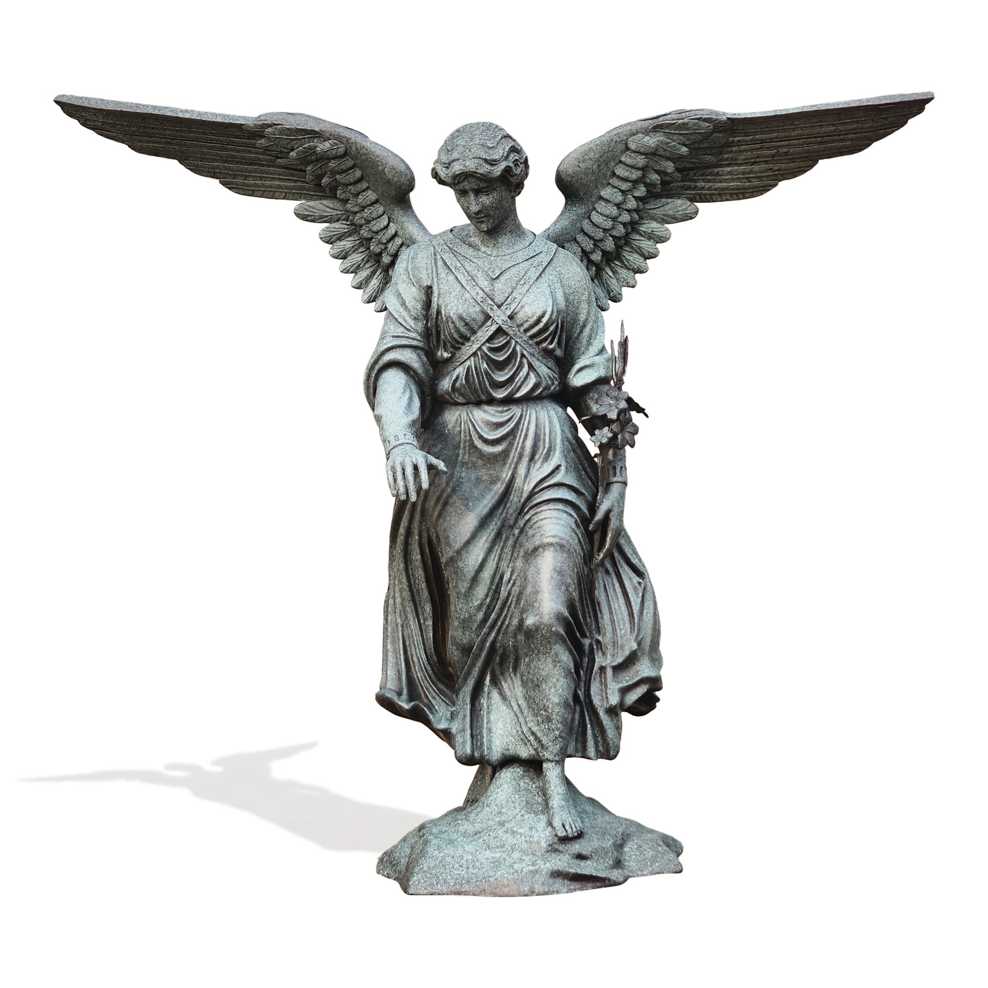 Statue of an angel with outstretched wings on a white background