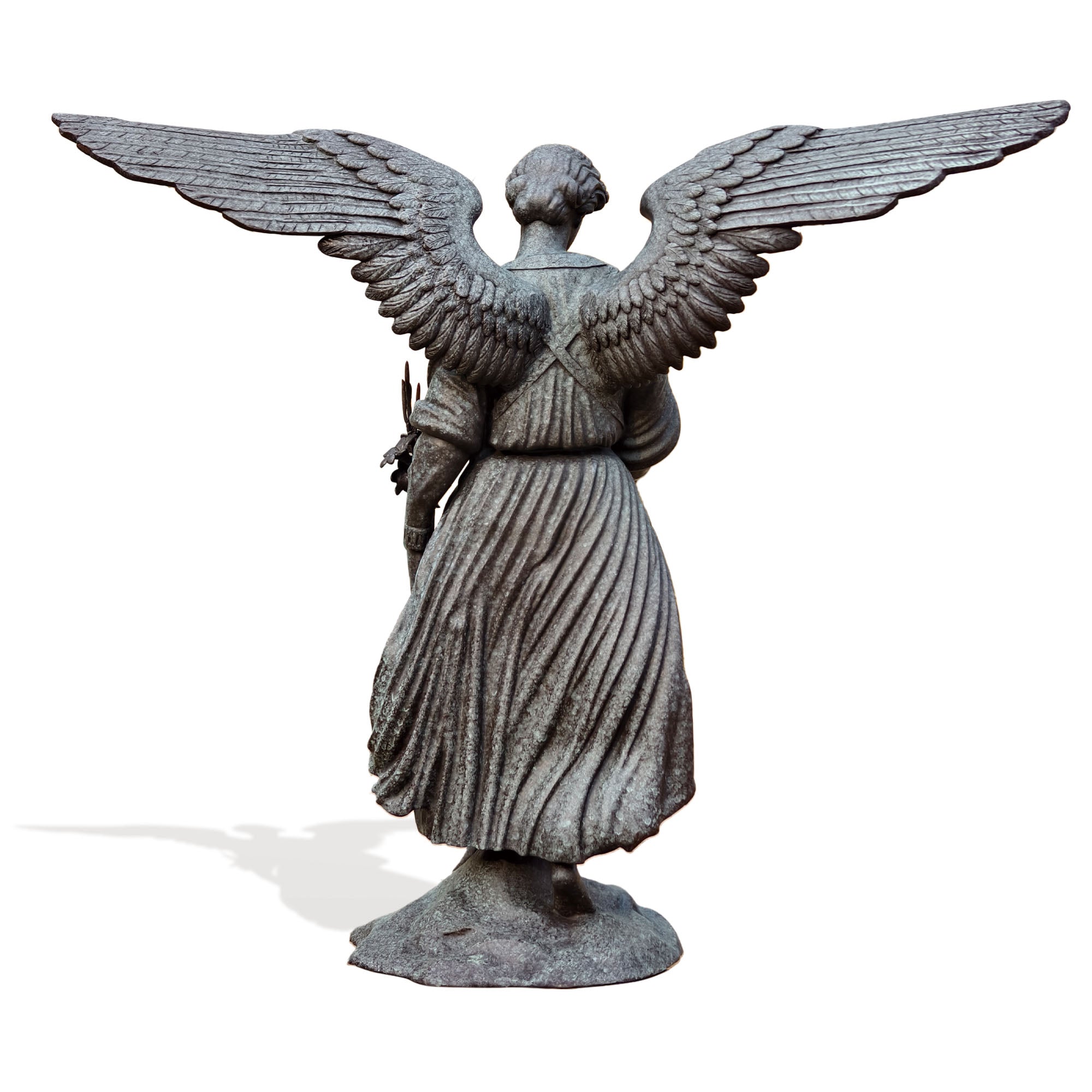 Statue of an angel with outstretched wings on a white background