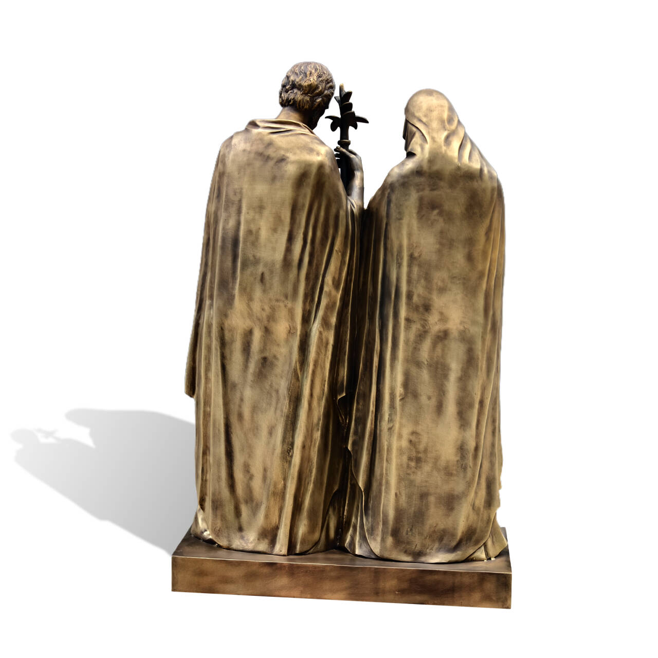 Back view of antique bronze Holy Family sculpture with robes-3