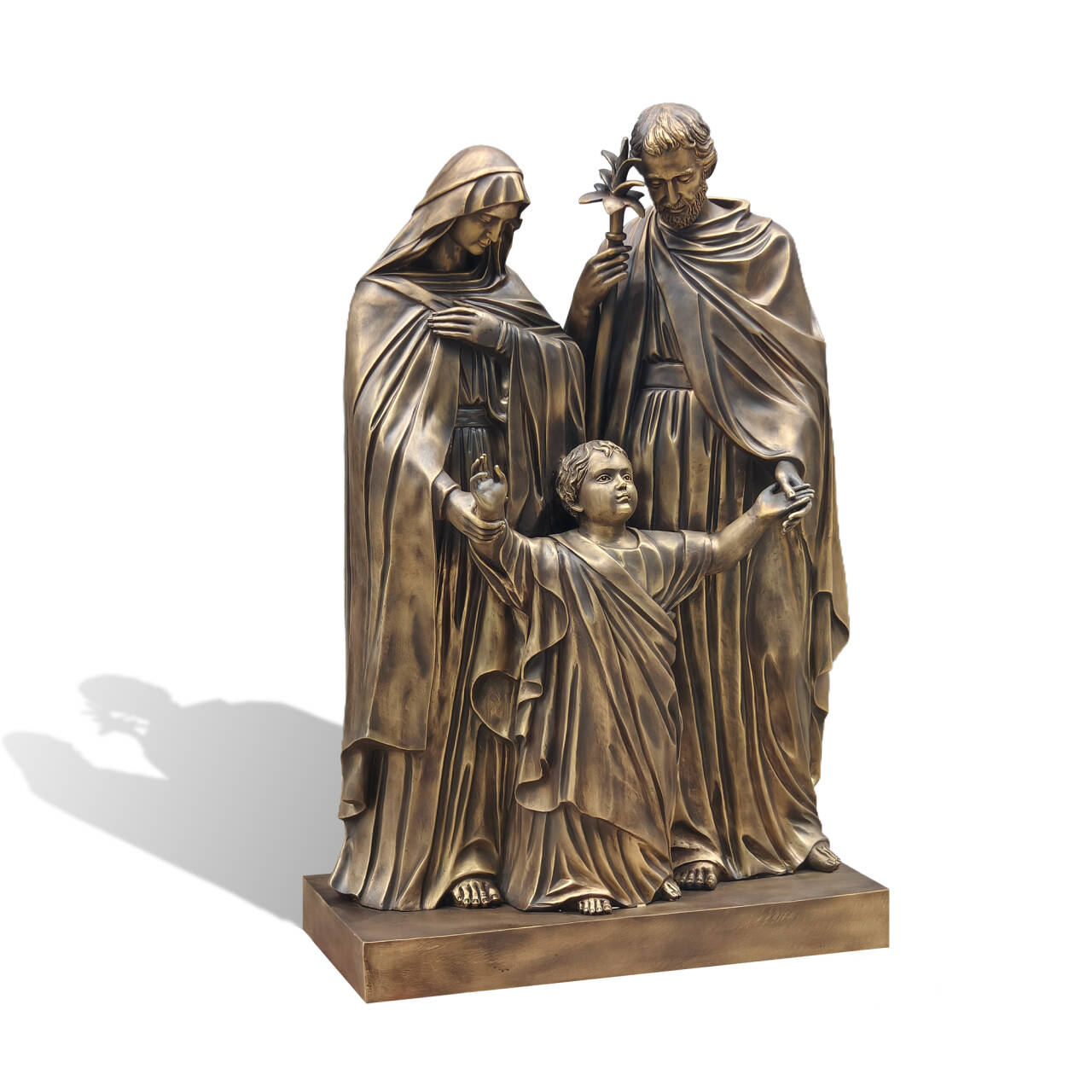 Front angle view of religious bronze Holy Family sculpture with antique finish