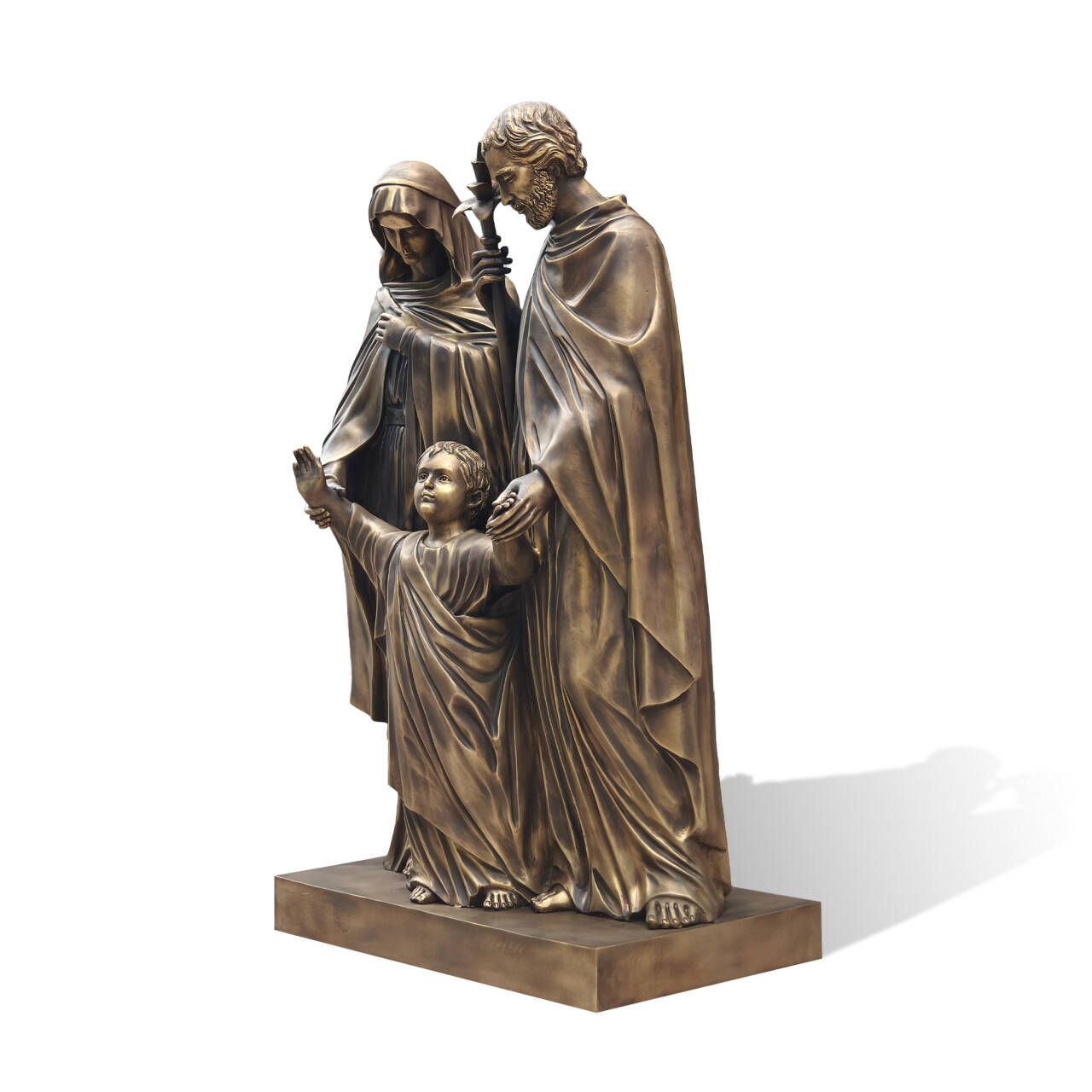 Full figure bronze Holy Family sculpture featuring Jesus, Mary, and Joseph