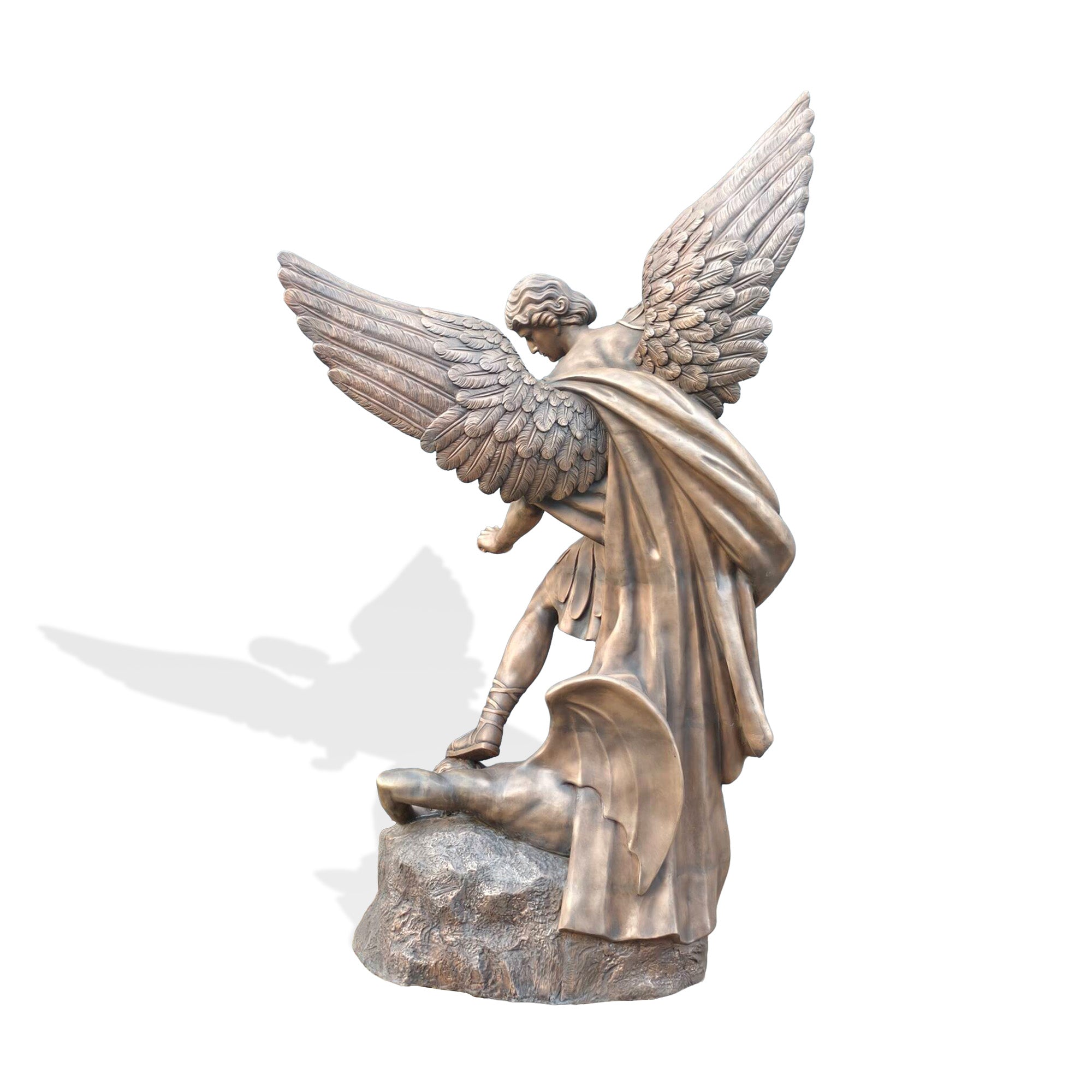 Detailed bronze sculpture of Archangel Michael in battle, ideal for religious art collectors and home decor.