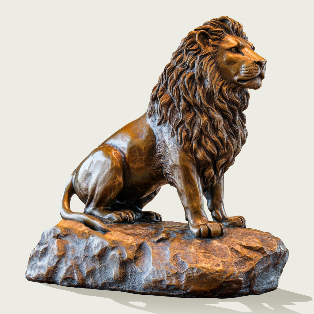 Custom Luxury Sitting Bronze Lion Statue with a polished finish with a block base