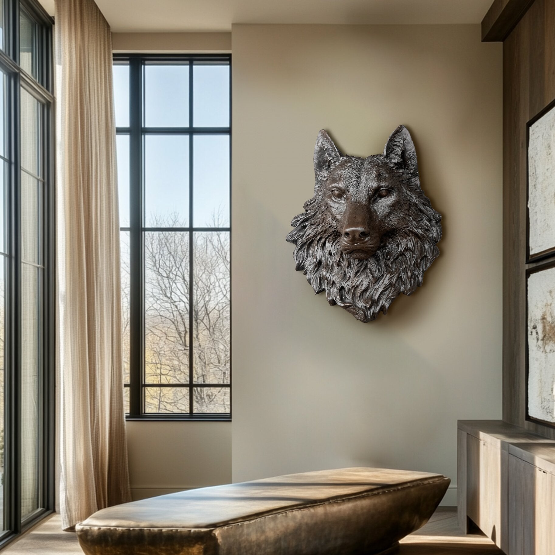 Custom size bronze wolf head wall sculpture with hand-painted dark bronze finish,display on the wall