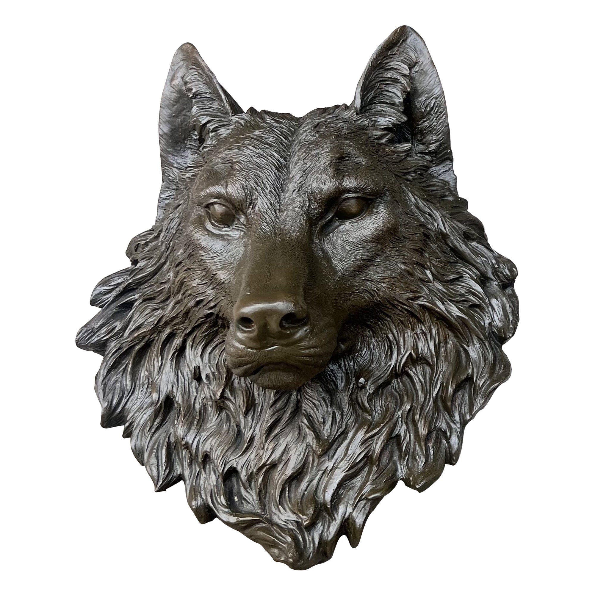 Custom size bronze wolf head wall sculpture with hand-painted dark bronze finish