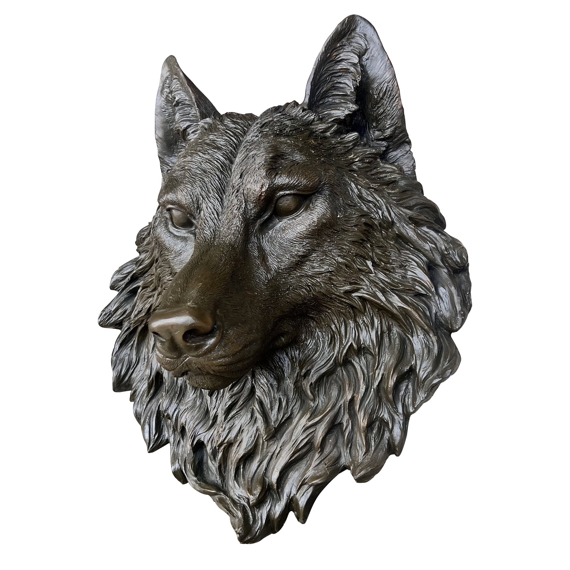 Custom size bronze wolf head wall sculpture with hand-painted dark bronze finish