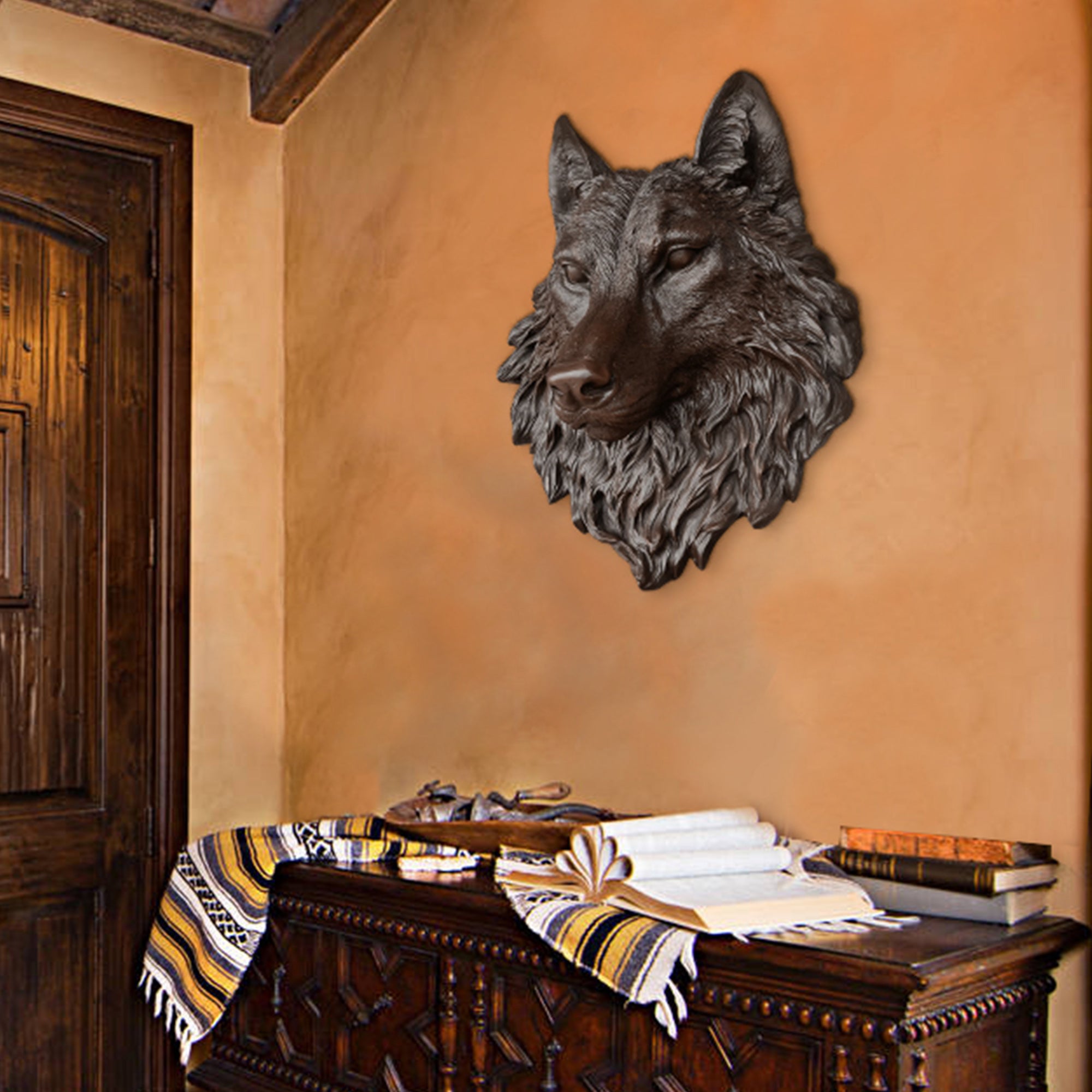 Custom size bronze wolf head wall sculpture with hand-painted dark bronze finish,display on the wall
