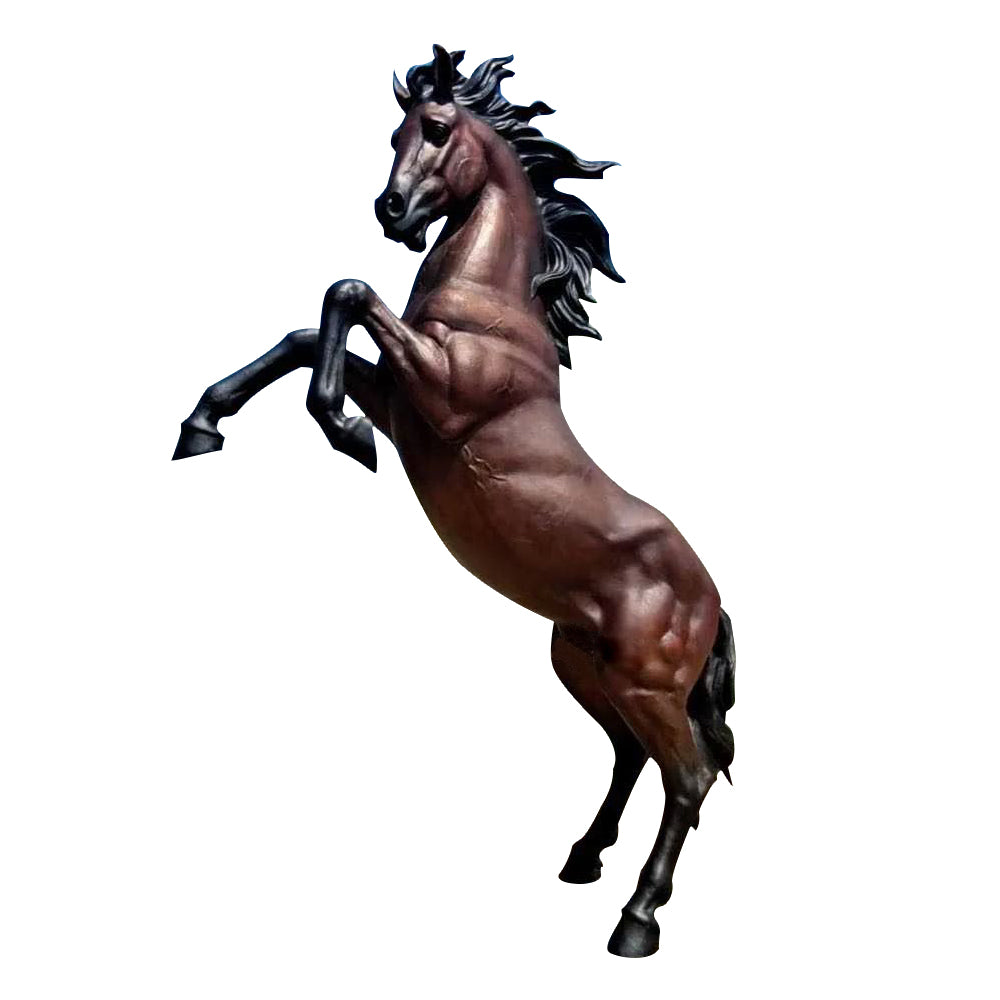 Custom bronze rearing horse sculpture with hand-painted brown and black finish, capturing the power and grace of a majestic horse in motion.