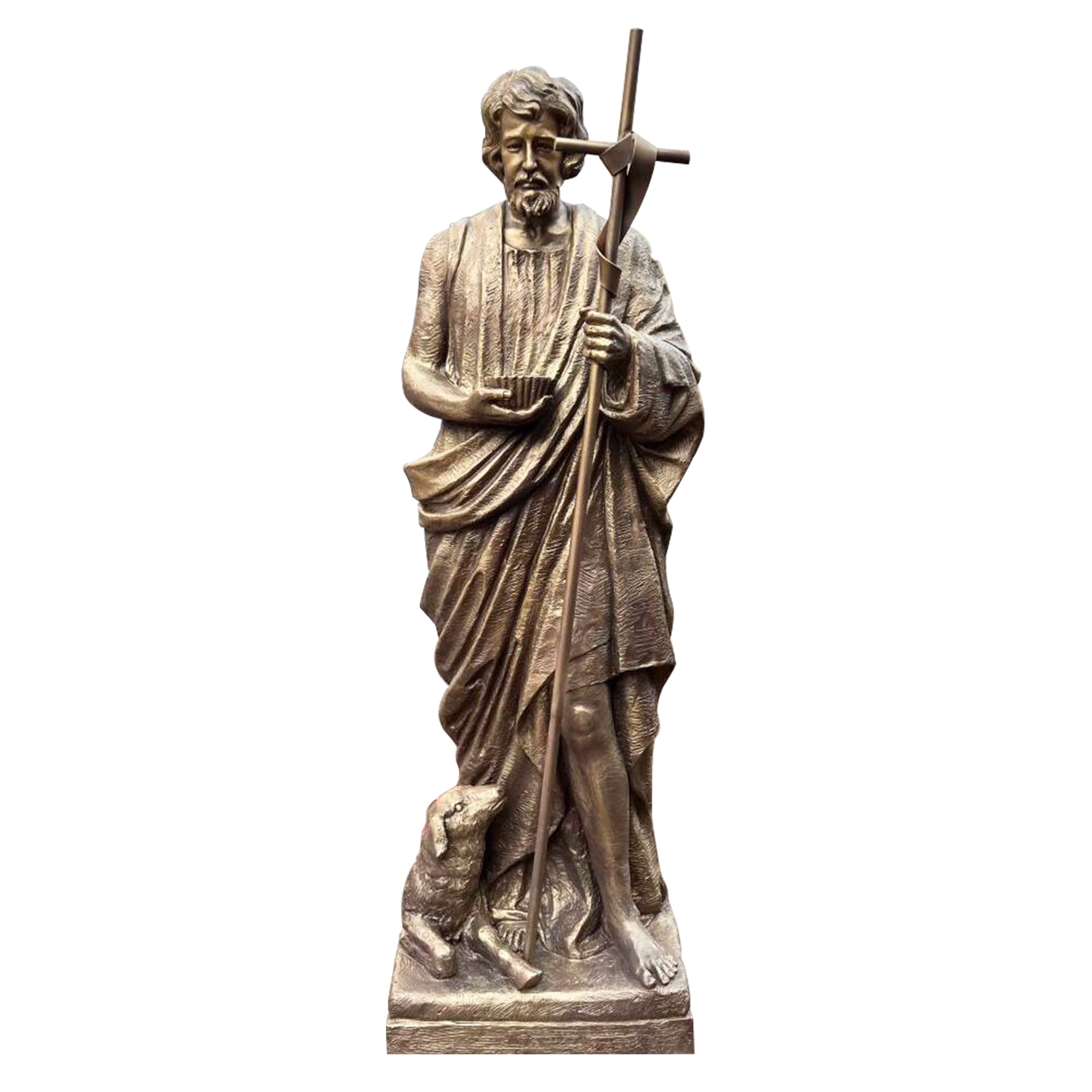 Custom bronze St. John the Baptist religious statue with cross and lamb, symbolizing faith and purification, in hand-painted antique bronze finish.