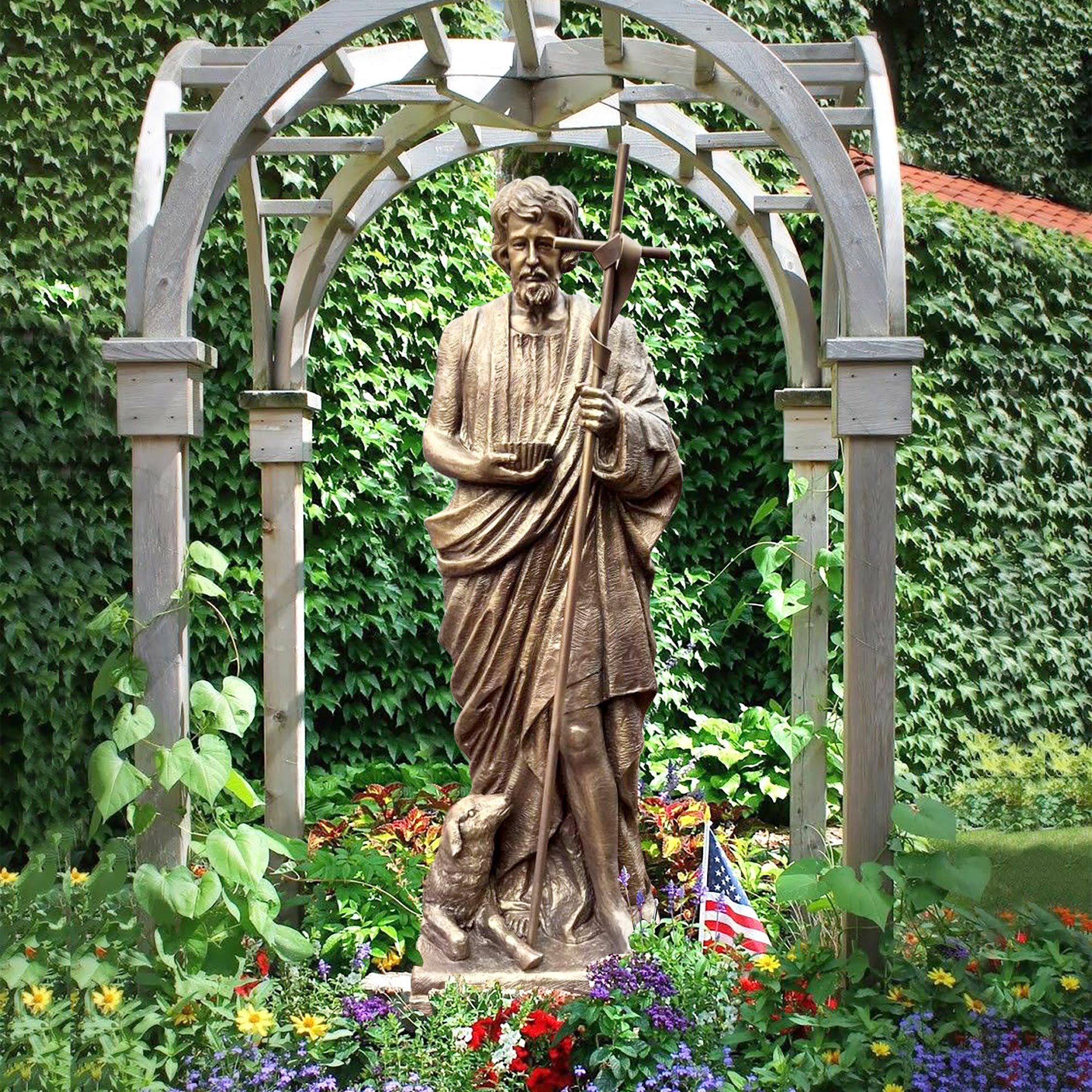 Custom bronze St. John the Baptist religious statue with cross and lamb, symbolizing faith and purification, in hand-painted antique bronze finish.