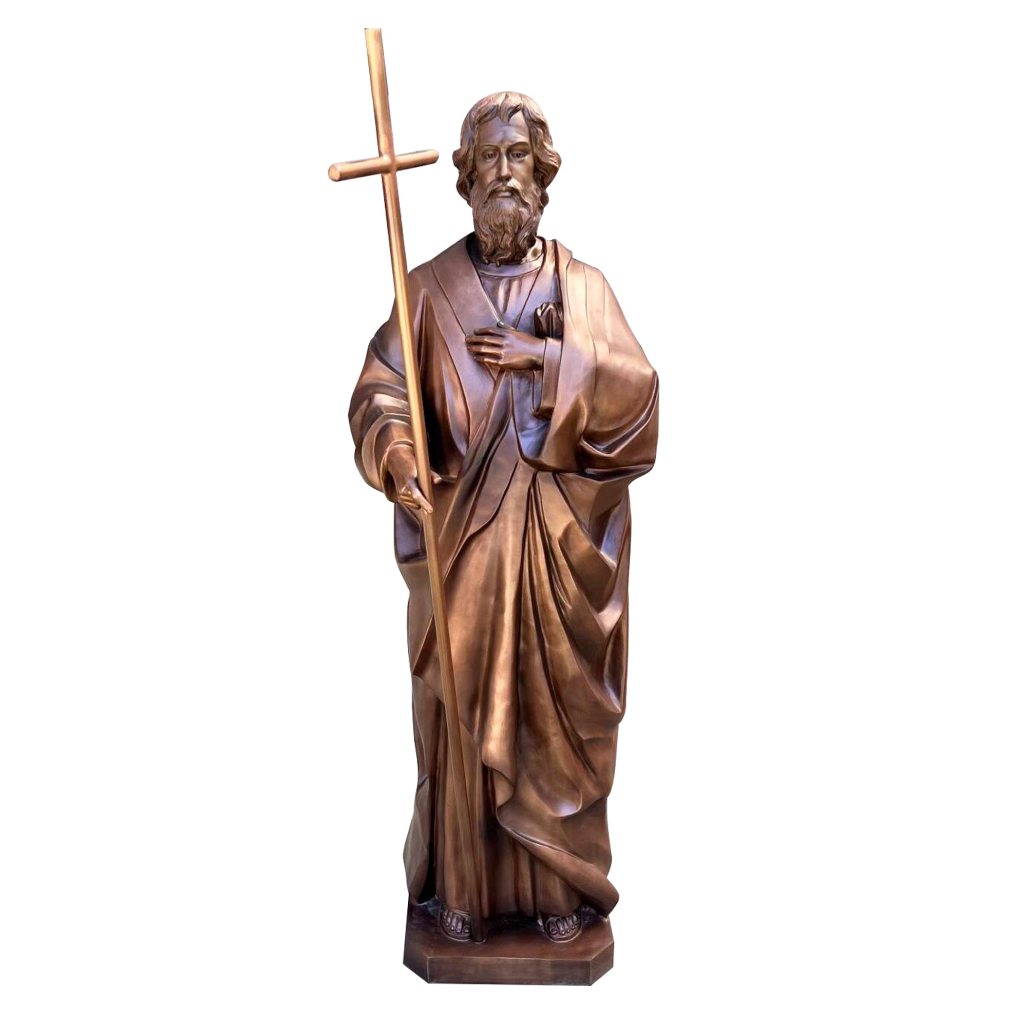 life-size bronze religious statue of St. Philip with cross, symbolizing faith and devotion in antique bronze finish.