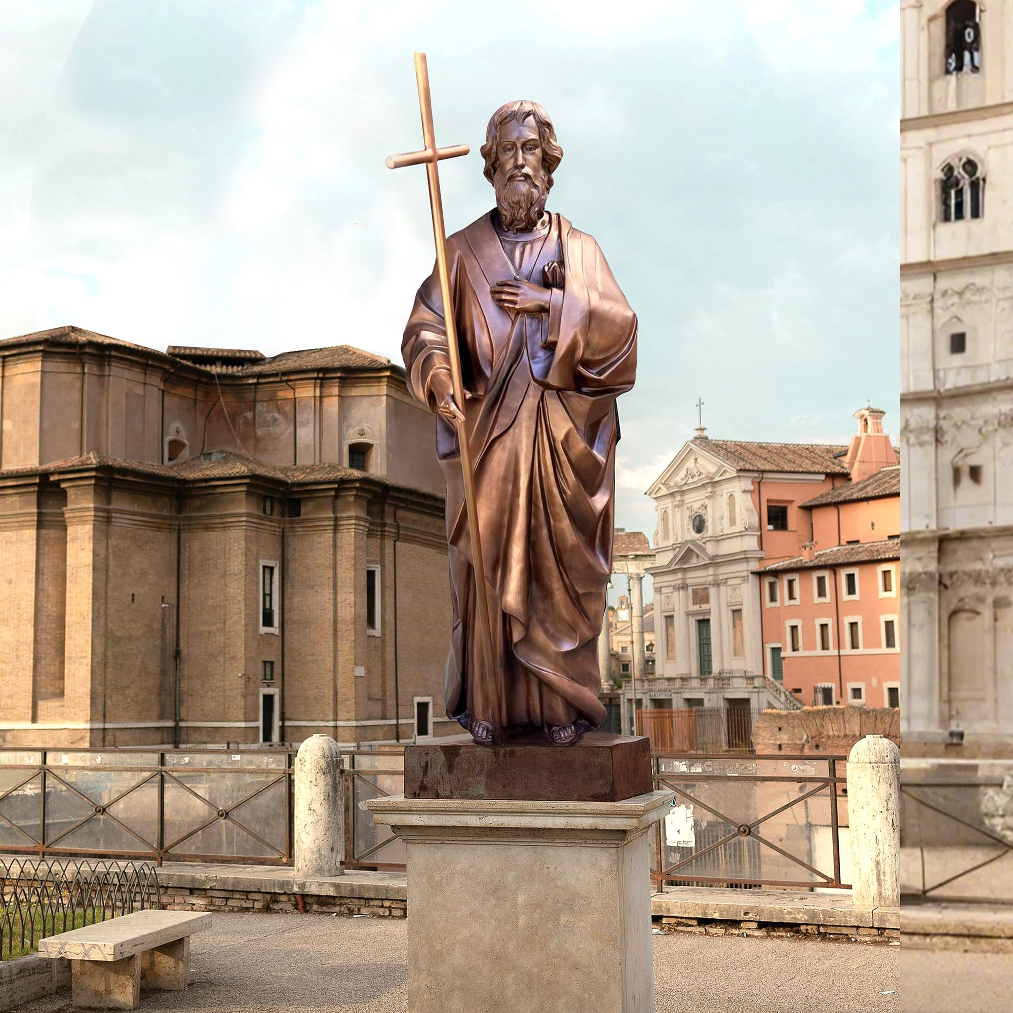 life-size bronze religious statue of St. Philip with cross, symbolizing faith and devotion in antique bronze finish, setting outside.