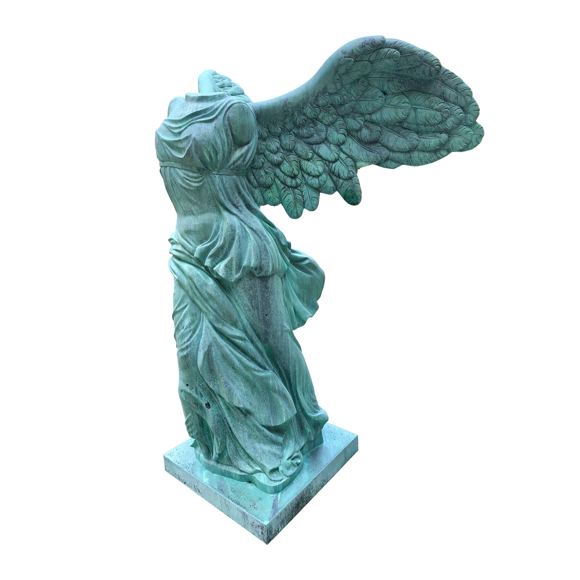 Bronze Winged Nike Victory of Samothrace sculpture with patina green finish, showcasing classical drapery and outstretched wings.