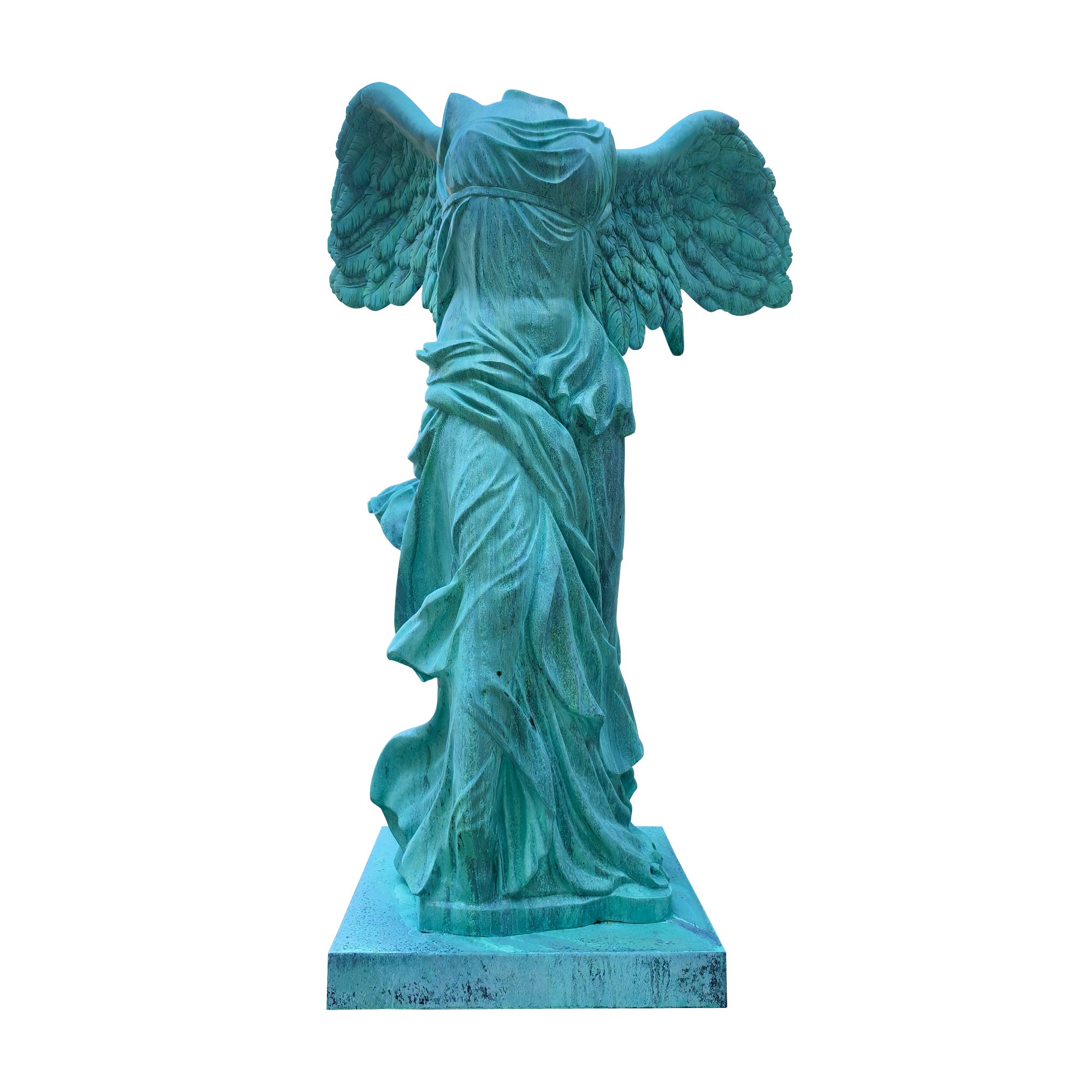 Bronze Winged Nike Victory of Samothrace sculpture with patina green finish, showcasing classical drapery and outstretched wings.