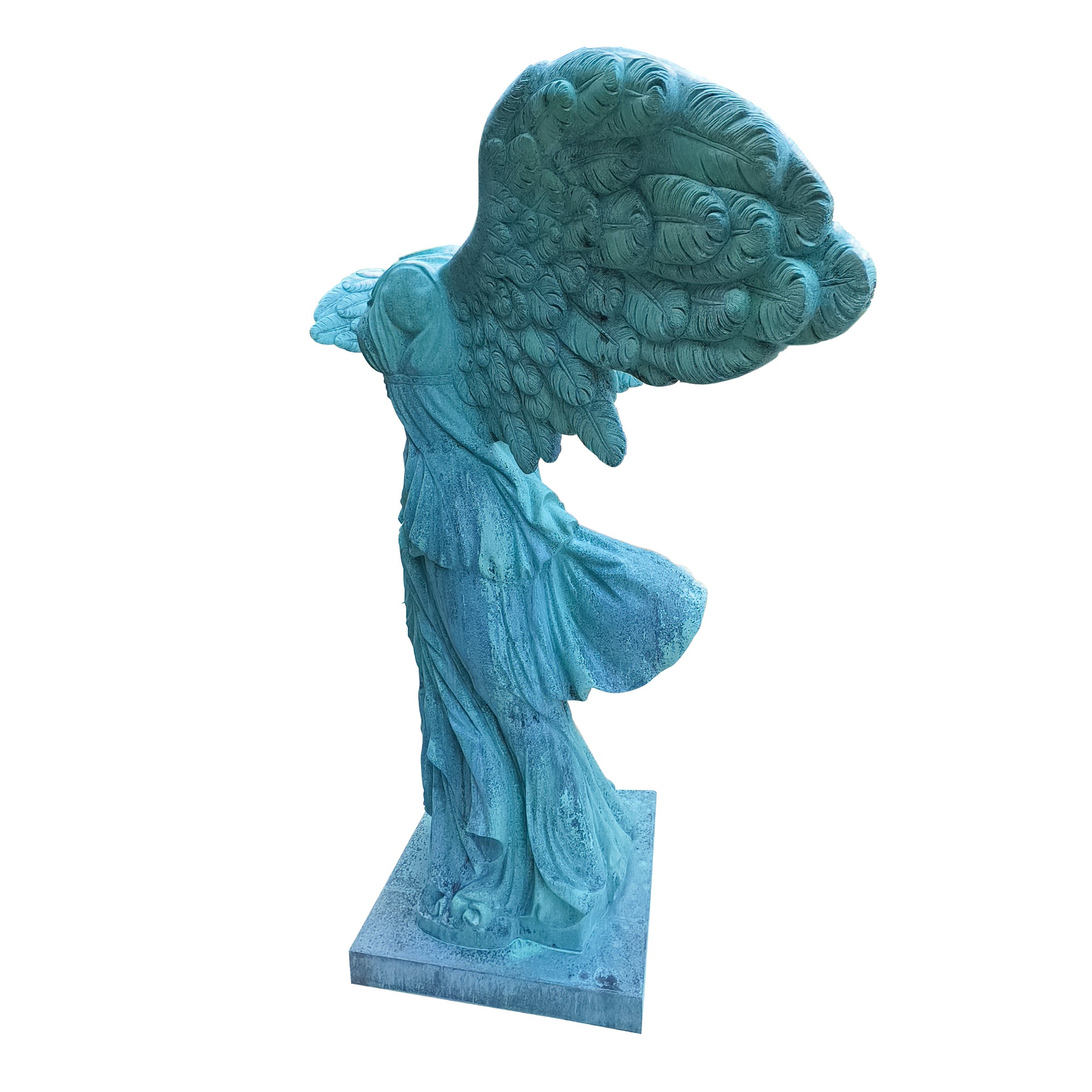 Bronze Winged Nike Victory of Samothrace sculpture with patina green finish, showcasing classical drapery and outstretched wings.