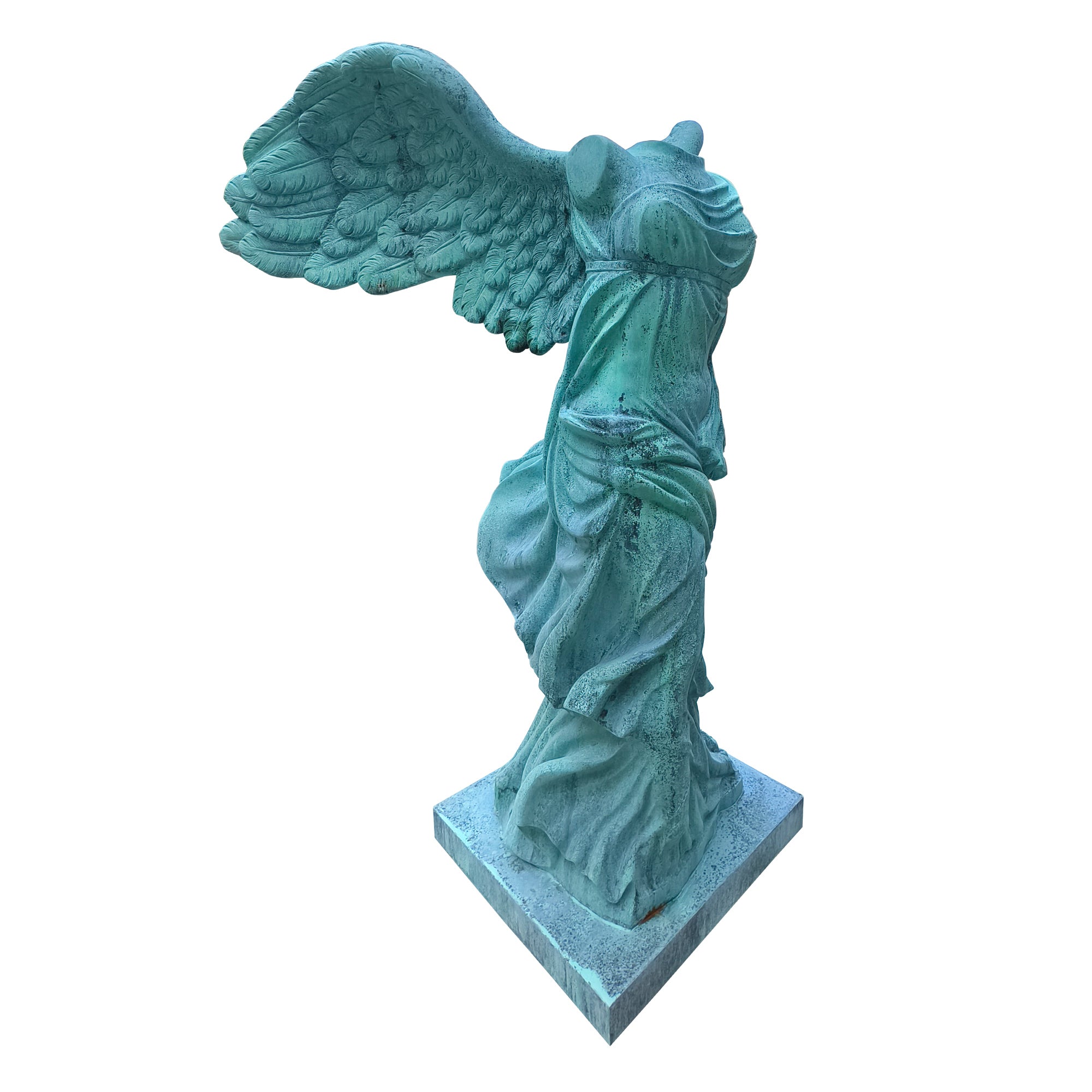 Bronze Winged Nike Victory of Samothrace sculpture with patina green finish, showcasing classical drapery and outstretched wings.