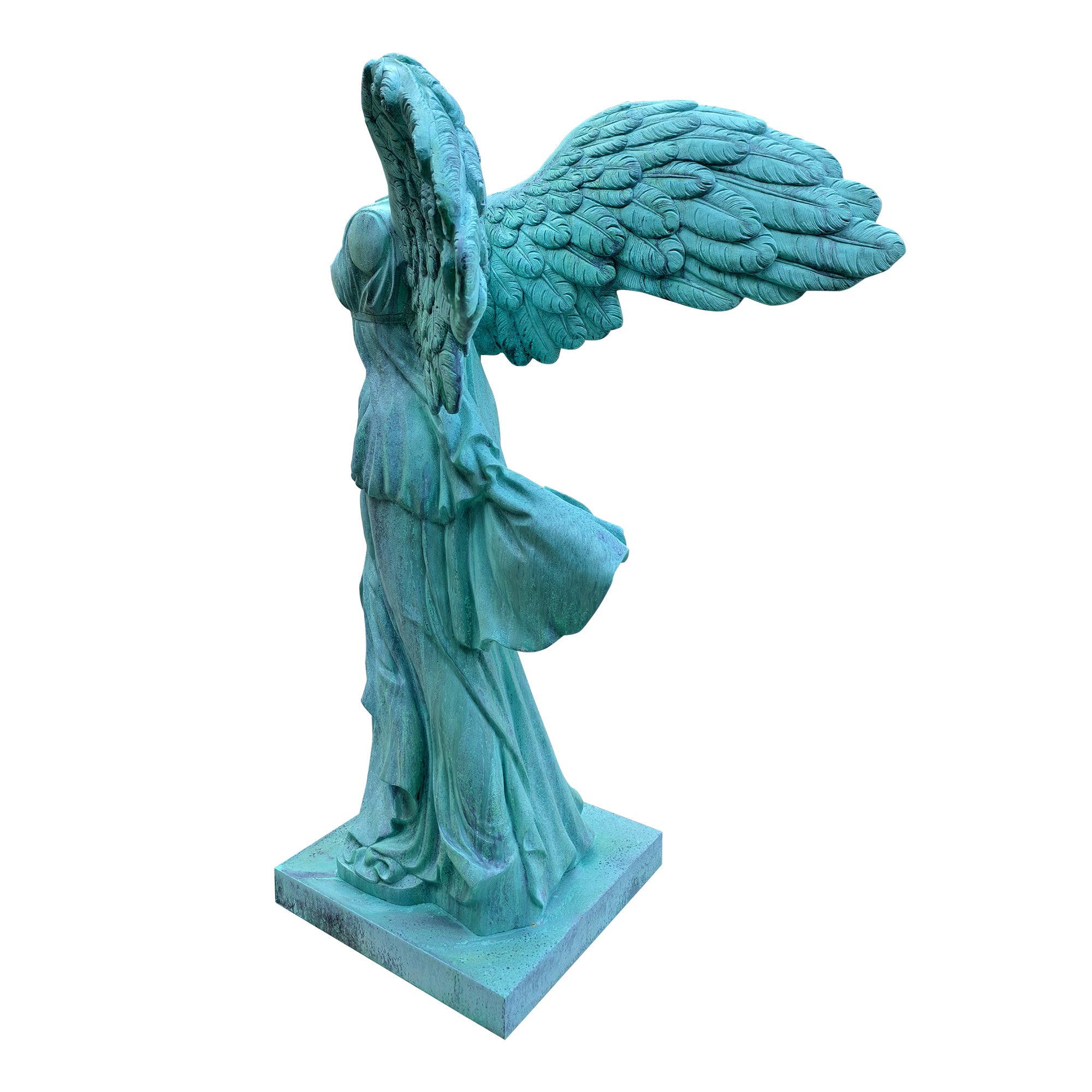 Bronze Winged Nike Victory of Samothrace sculpture with patina green finish, showcasing classical drapery and outstretched wings.