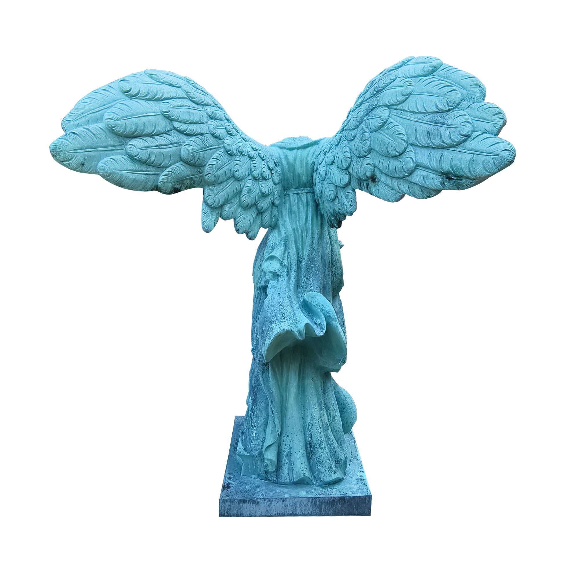 Bronze Winged Nike Victory of Samothrace sculpture with patina green finish, showcasing classical drapery and outstretched wings.