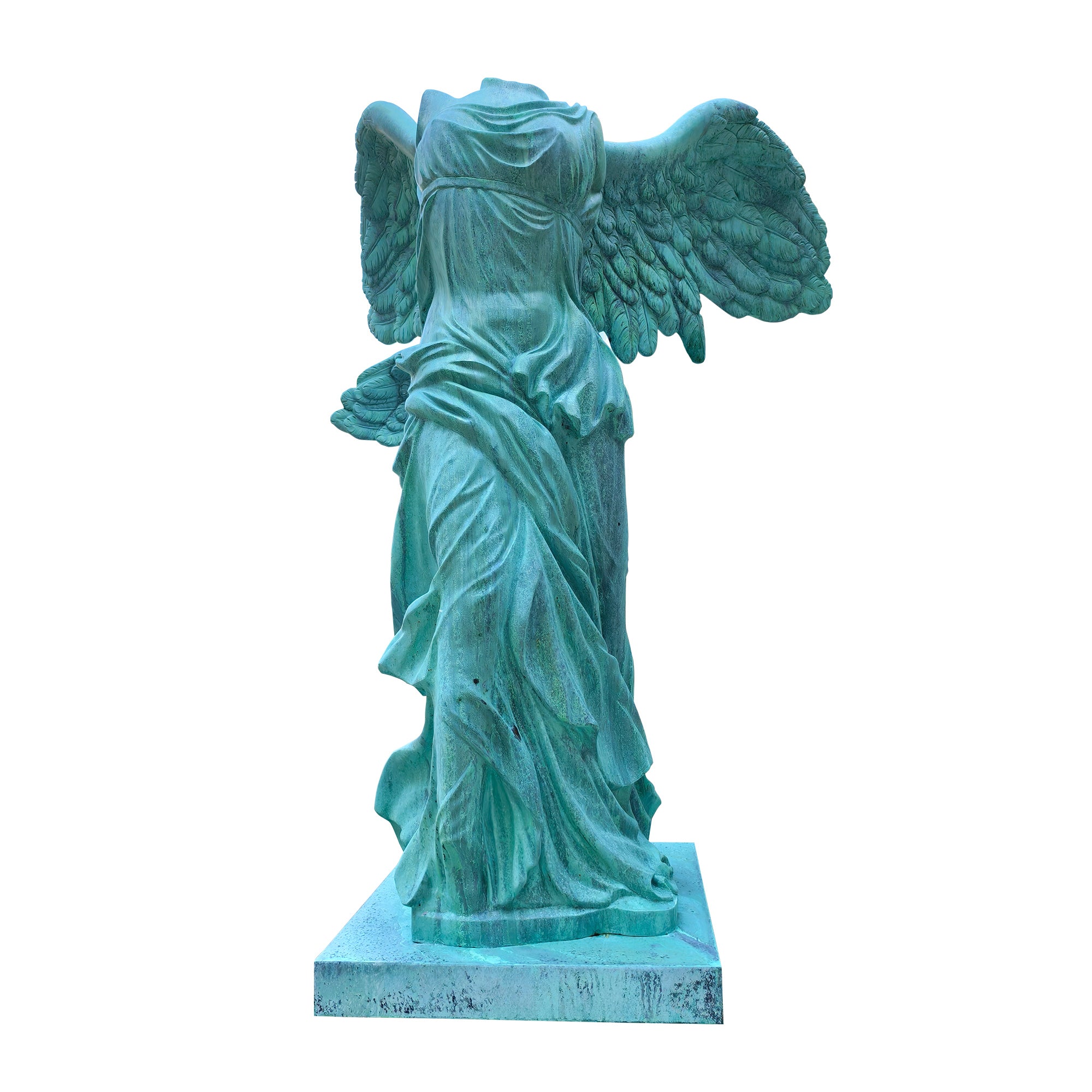 Bronze Winged Nike Victory of Samothrace sculpture with patina green finish, showcasing classical drapery and outstretched wings.