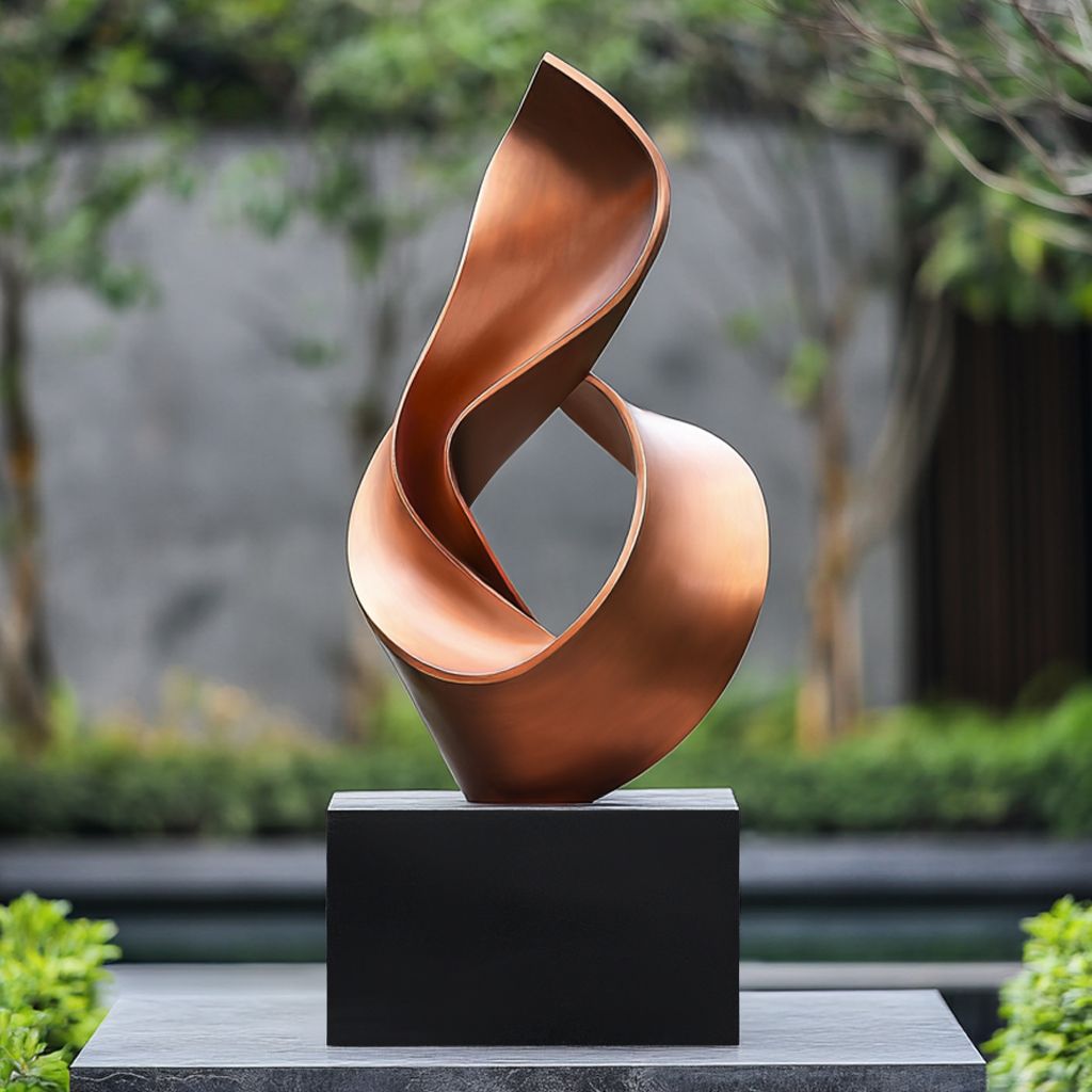Outdoor installation of Dancing Ribbon sculpture with antique bronze finish, blending natural form with classical metalwork