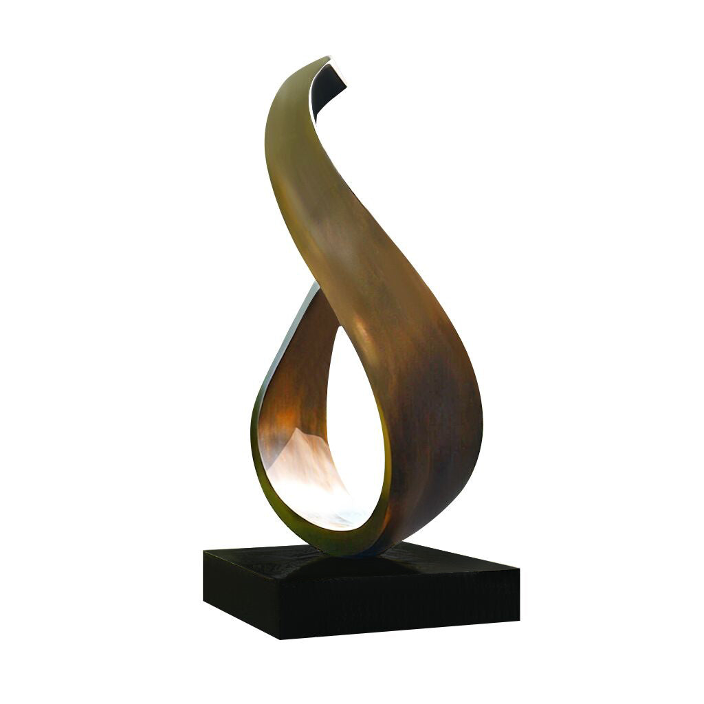 Abstract S-shaped bronze sculpture with water drop-inspired form and antique patina, for modern outdoor art spaces