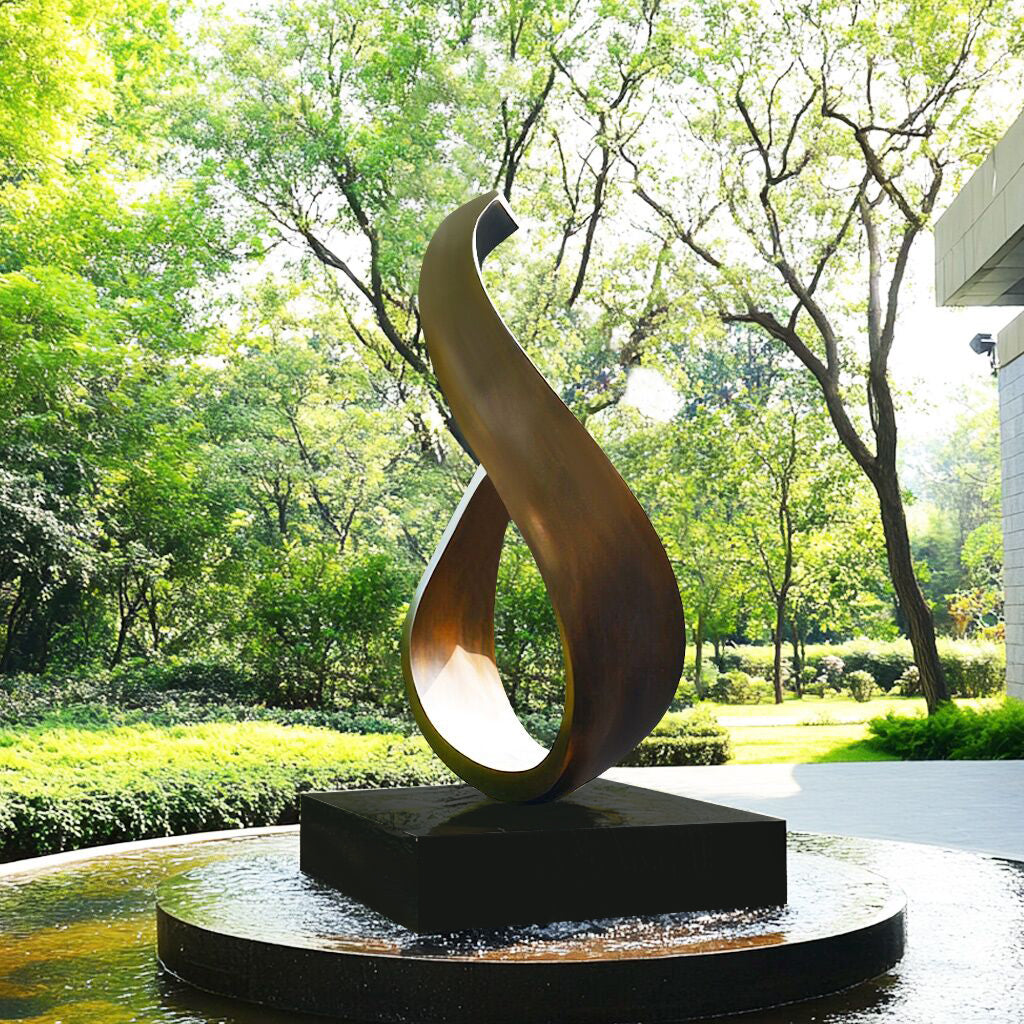 Modern abstract bronze sculpture with elegant S-curve, resembling a frozen flame for public art display