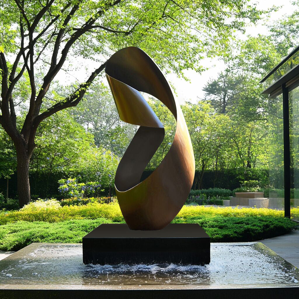 Modern bronze abstract sculpture for indoor and garden decor, featuring fluid geometric design and elegant antique finish