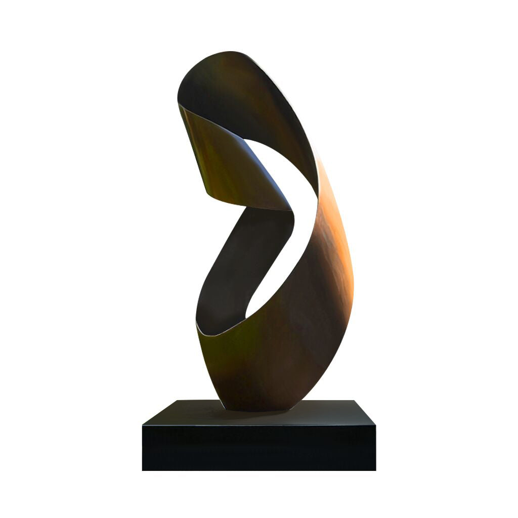 Handcrafted modernist bronze sculpture with rich patina, reflecting contemporary design