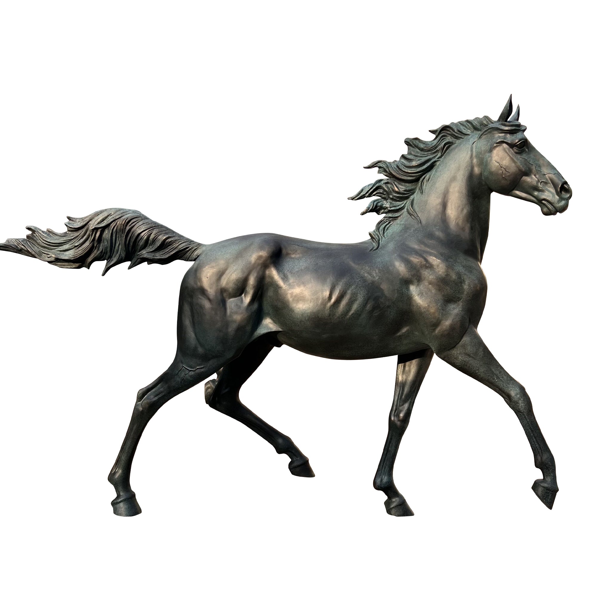 Life-size bronze horse sculpture in walking pose with realistic muscles and flowing tail, designed outdoor display.