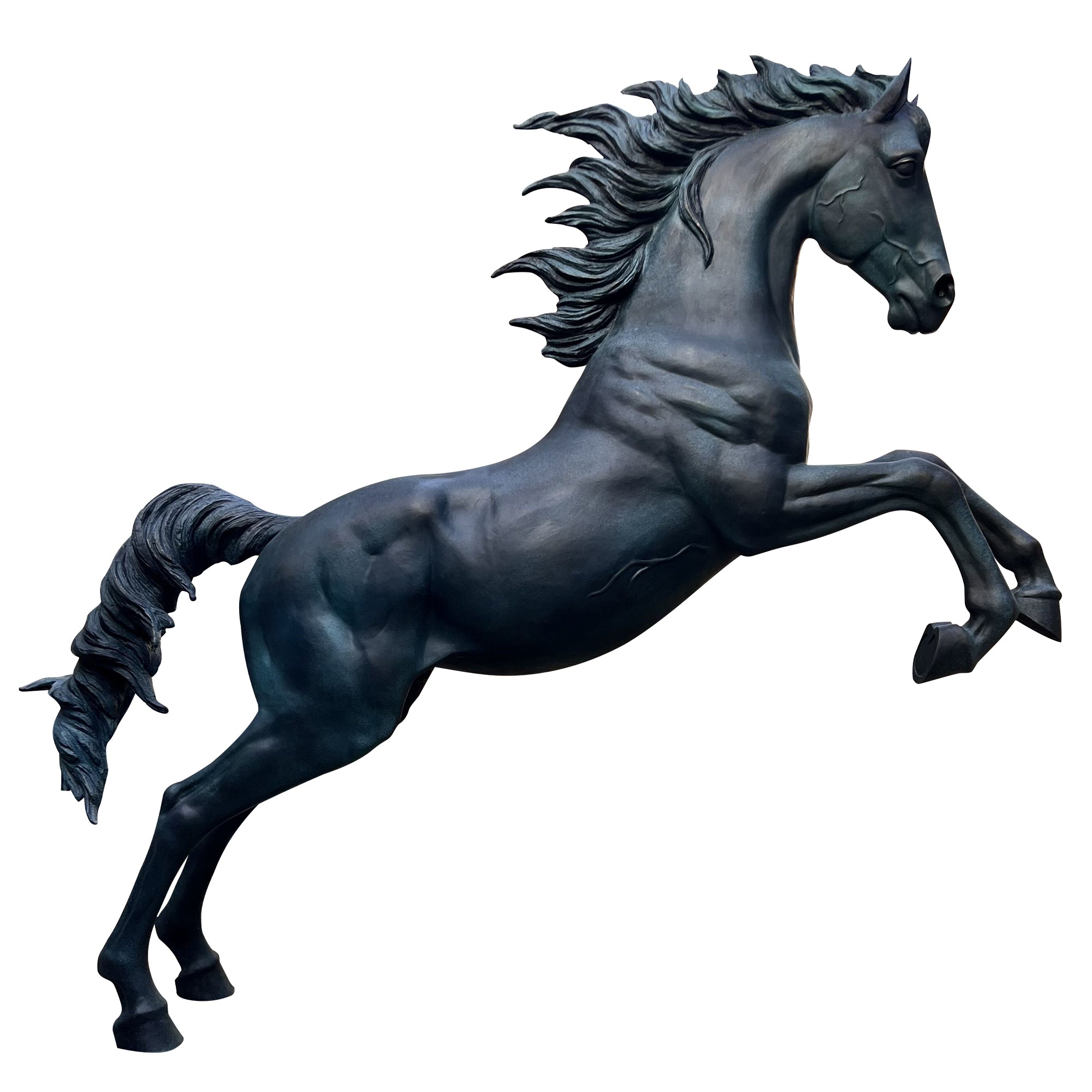 Life-size bronze jumping horse statue with raised front hooves, tense muscles, and flowing mane, captured at the moment before takeoff