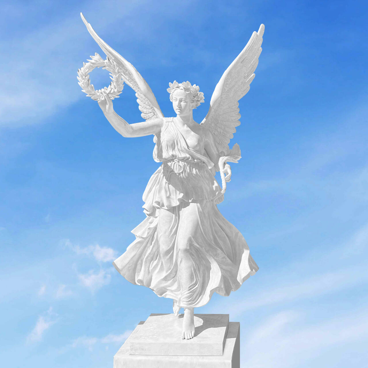Bronze sculpture of Roman goddess Victoria with palm branch and laurel wreath, symbolizing peace and glory in white polished finish.