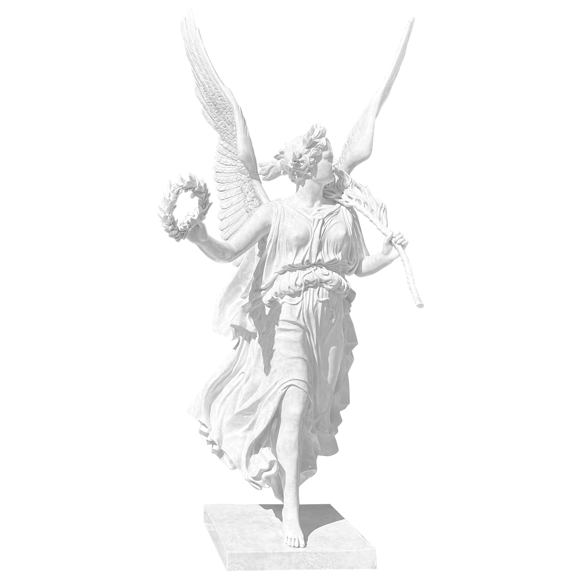White painted bronze sculpture of Roman goddess Victoria, classical style, victory and peace symbol