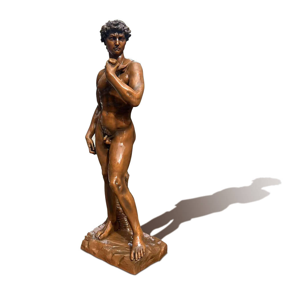 Bronze replica of Michelangelo’s David statue with antique patina finish and lifelike anatomy