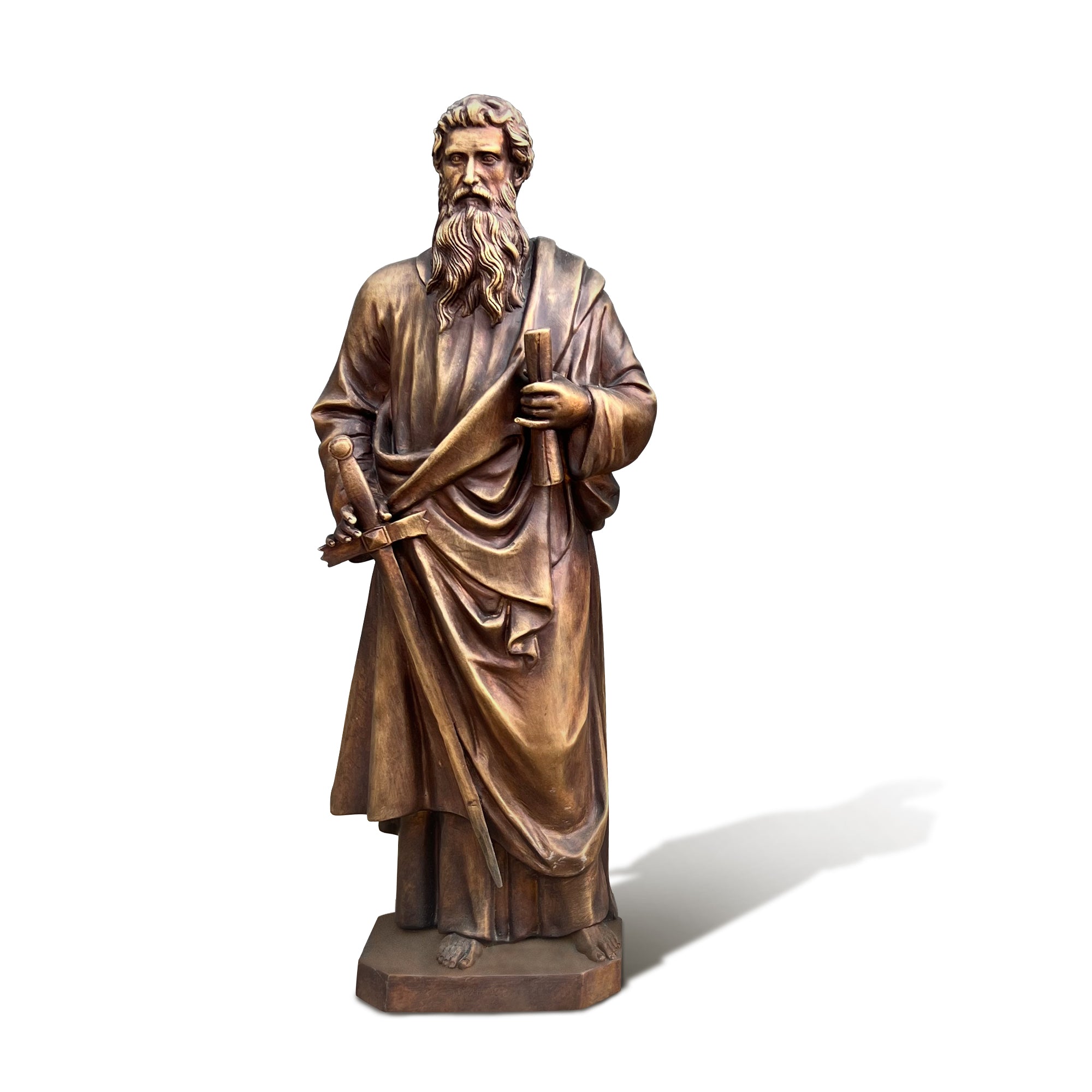 Bronze statue of Saint Paul holding sword and scroll for religious landscapes or chapels