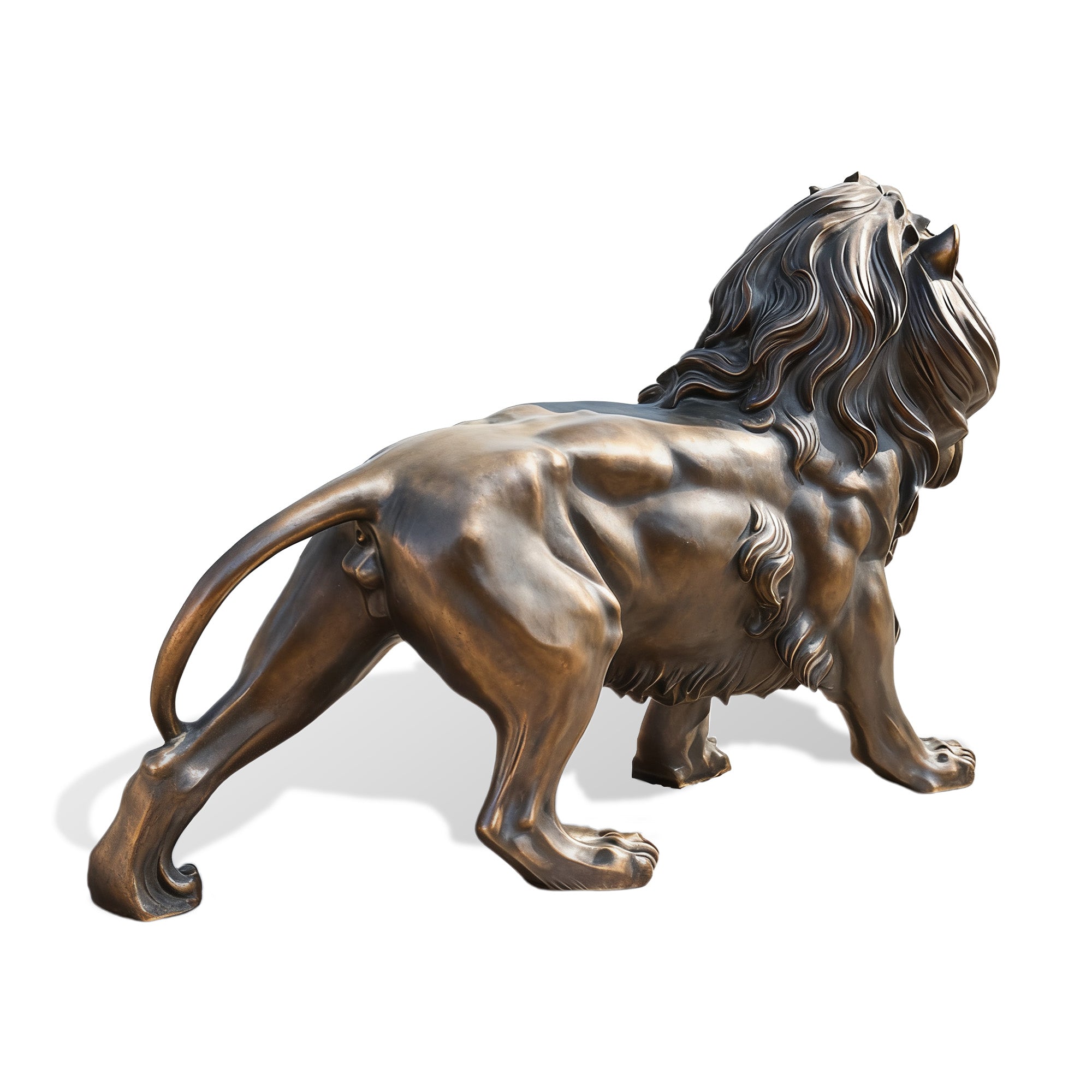 Bronze lion statue back view showing detailed muscles and powerful posture, ideal for sculpture parks and public landmarks in the USA