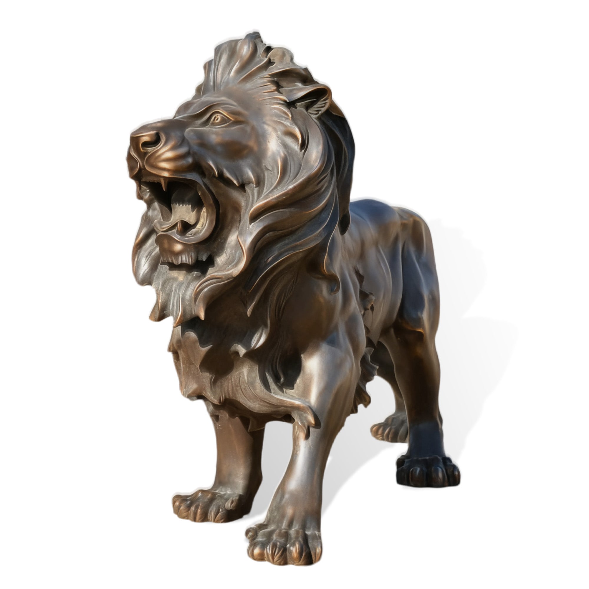 Cast bronze lion statue in left stance with flowing mane, used as a guardian sculpture for outdoor gardens and luxury estates in the USA