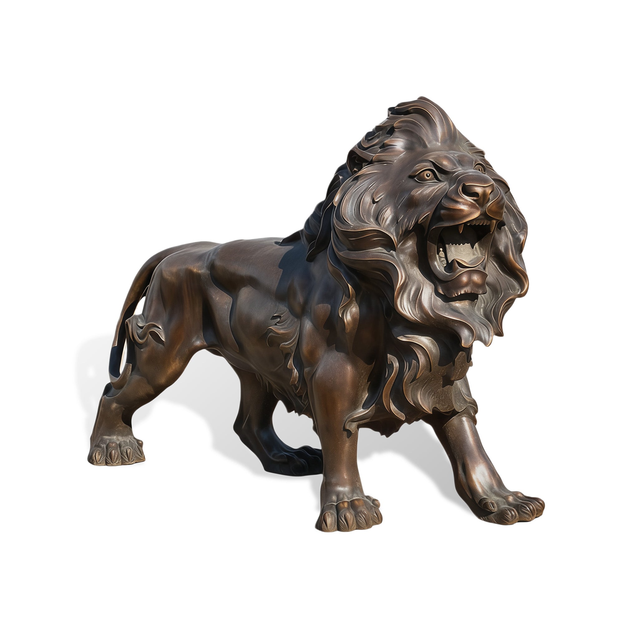 Bronze roaring lion statue in right stance, hand-cast for driveway entrances and gate guardian installations in the USA